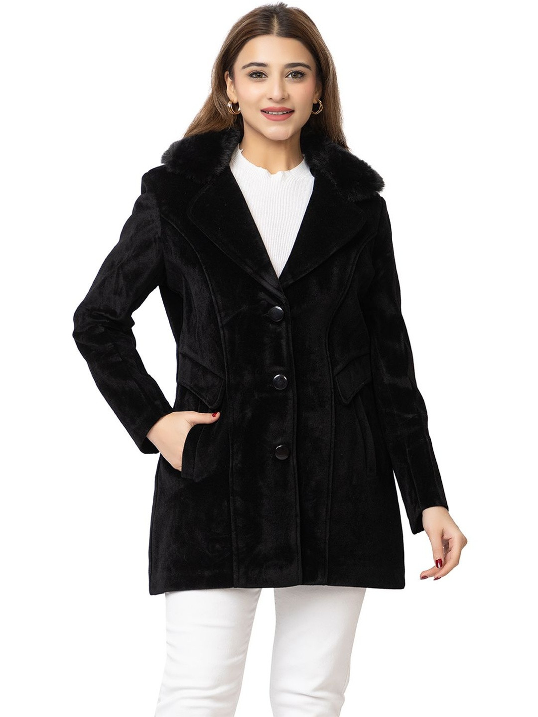 Lady Leaf Women Solid Notched Lapel Collar Single Breasted Overcoat