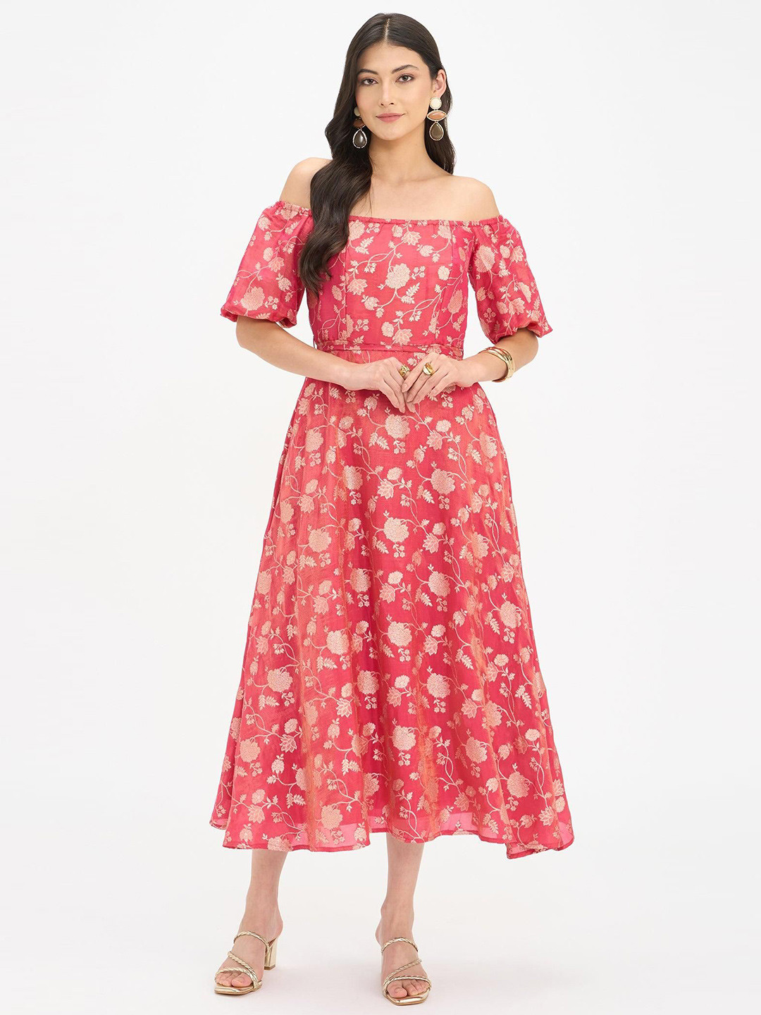 Virgio Women Floral Printed Viscose Off-Shoulder Three-Quarter Sleeves Dresses