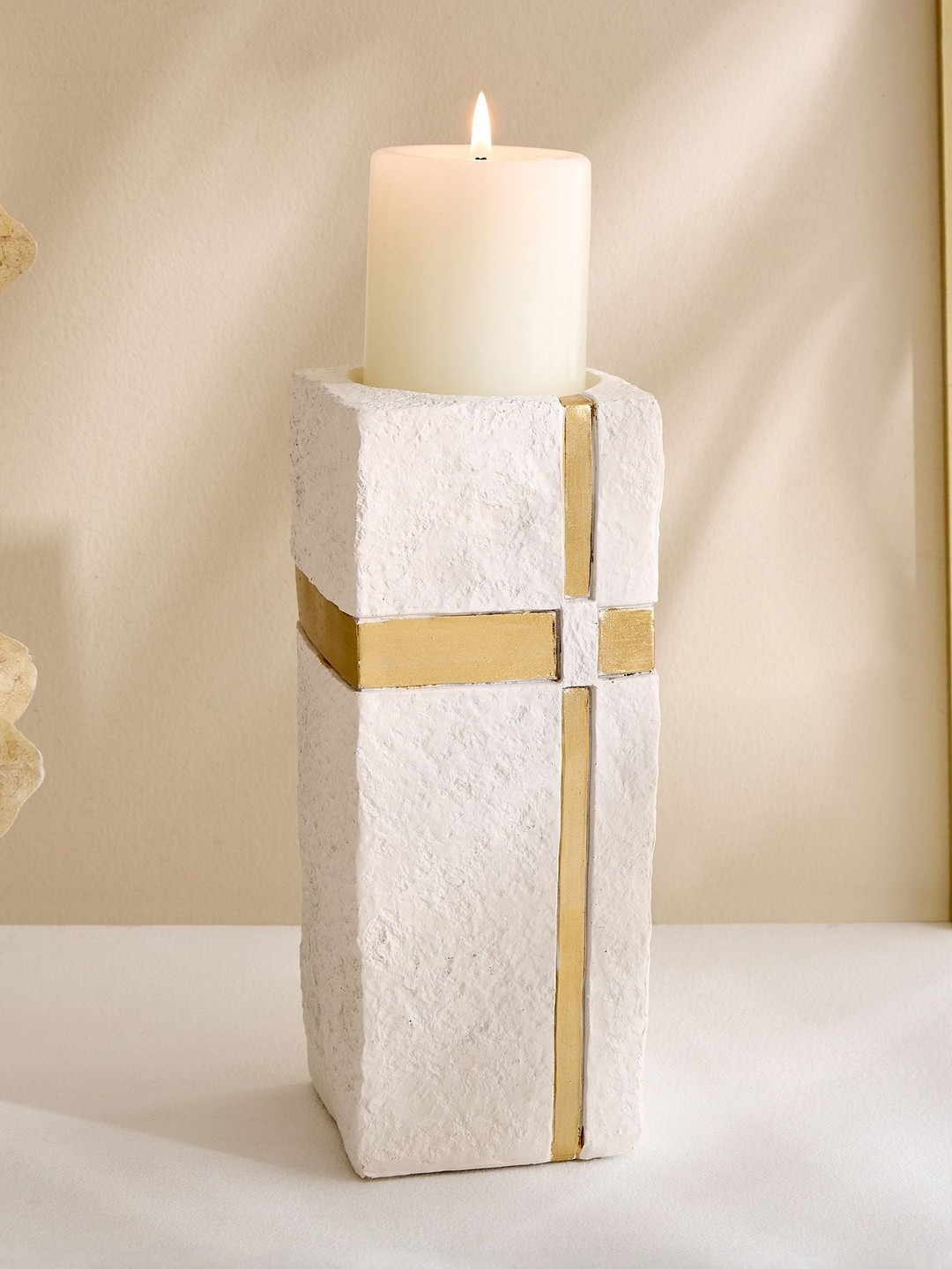 Home Centre Off White & Gold-Toned Rectangular Shaped Ceramic Candle Holder