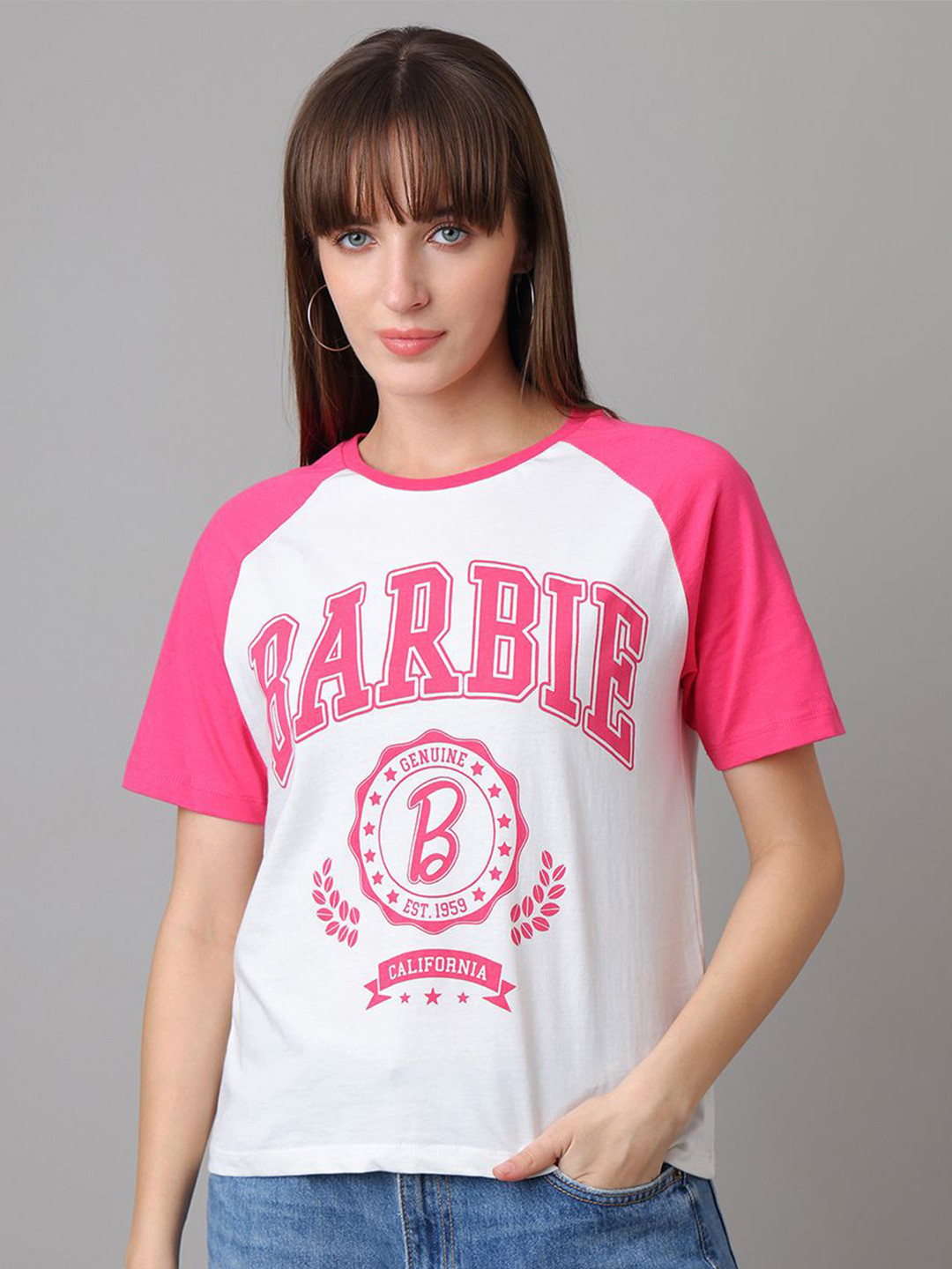 Free Authority Barbie Printed Pure Cotton Round Neck Raglan Sleeves Regular Fit T-Shirt