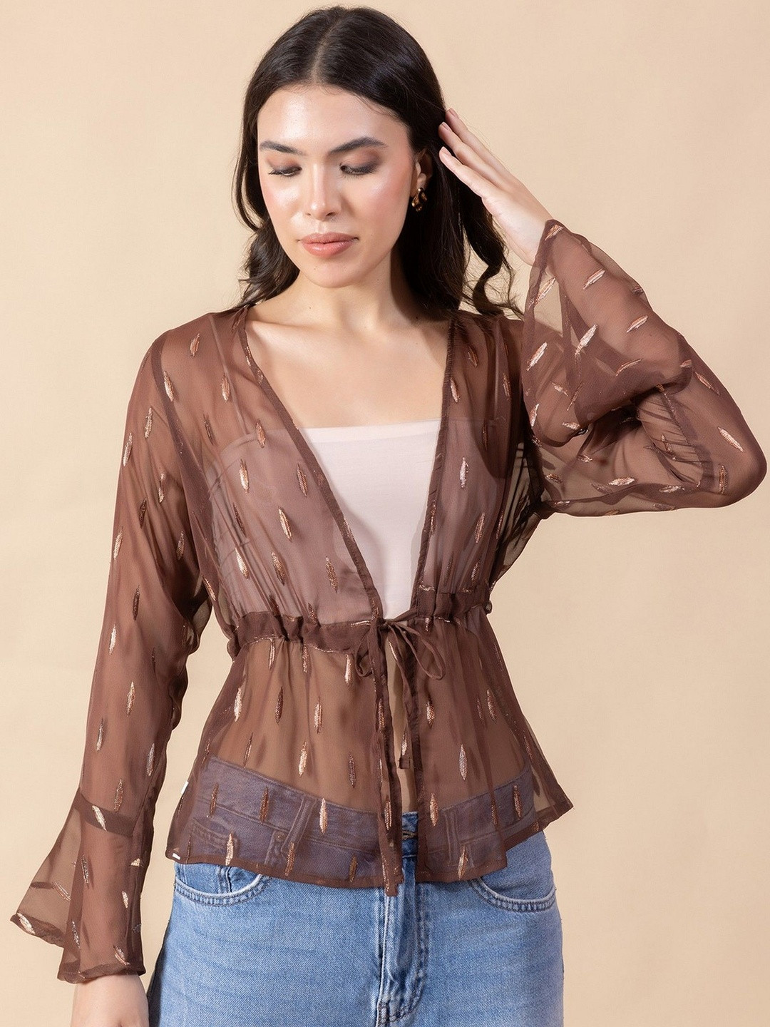 Masami Women Solid Self Design Sheer Bell Sleeve Top