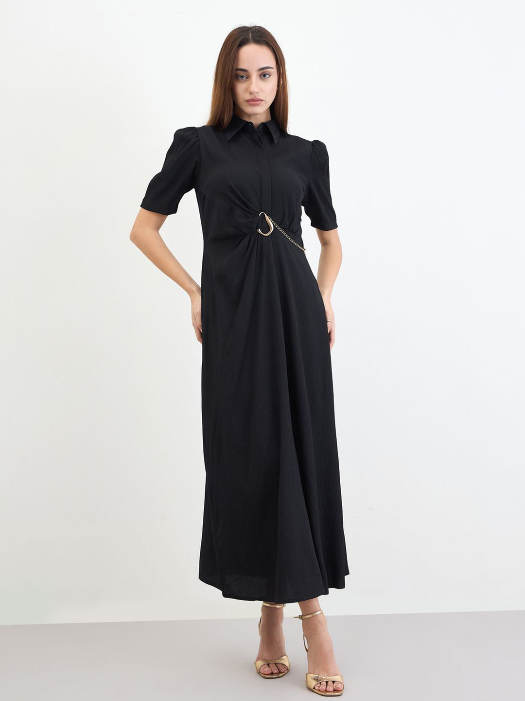 Styli Women Solid Short Puff Sleeve Shirt Midi Dress With Belt