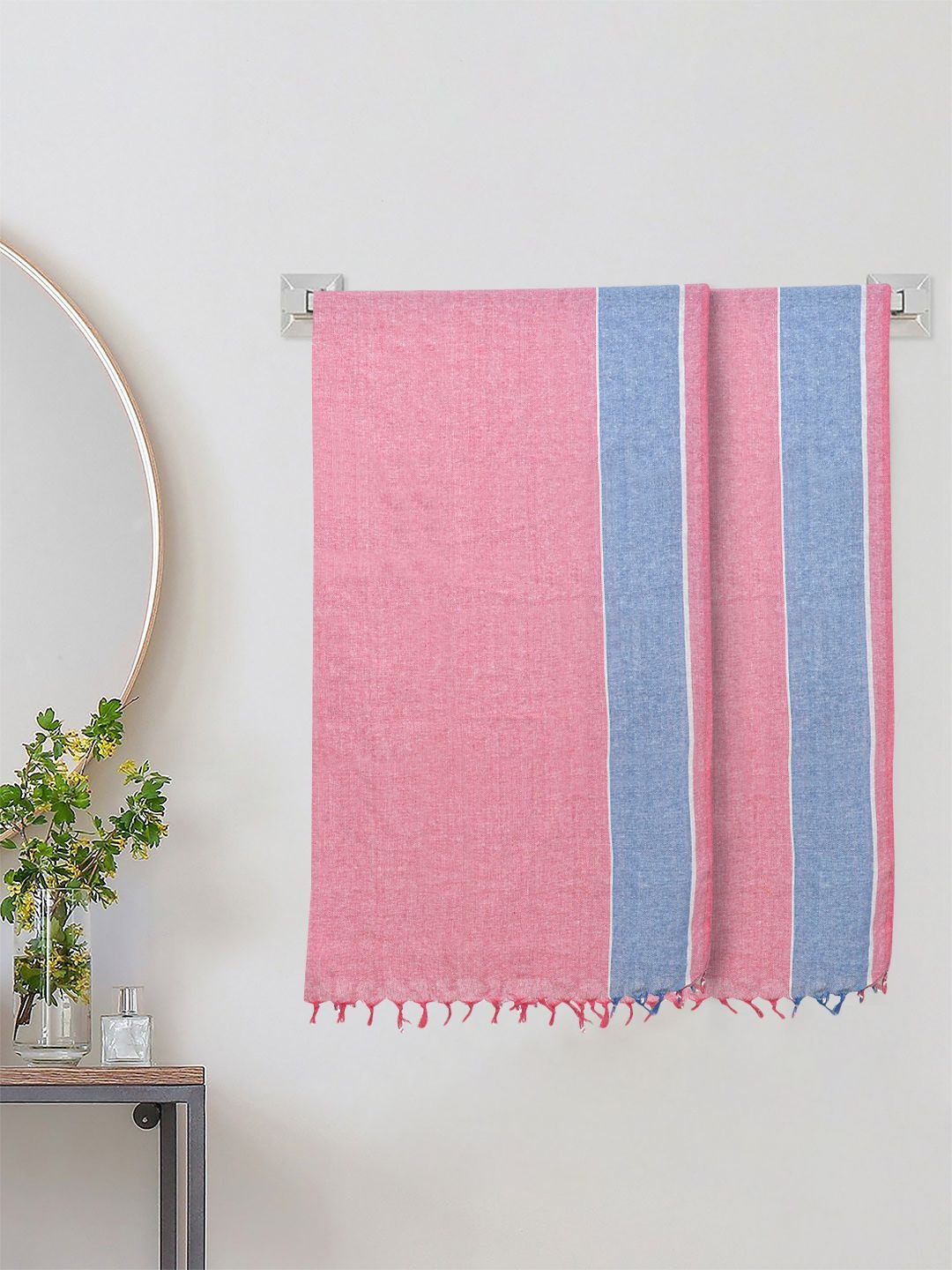 KLOTTHE Pink Striped Pure Cotton 233 GSM 2 Pieces Adult Bath Towels-59 Inch X 26.77Inch