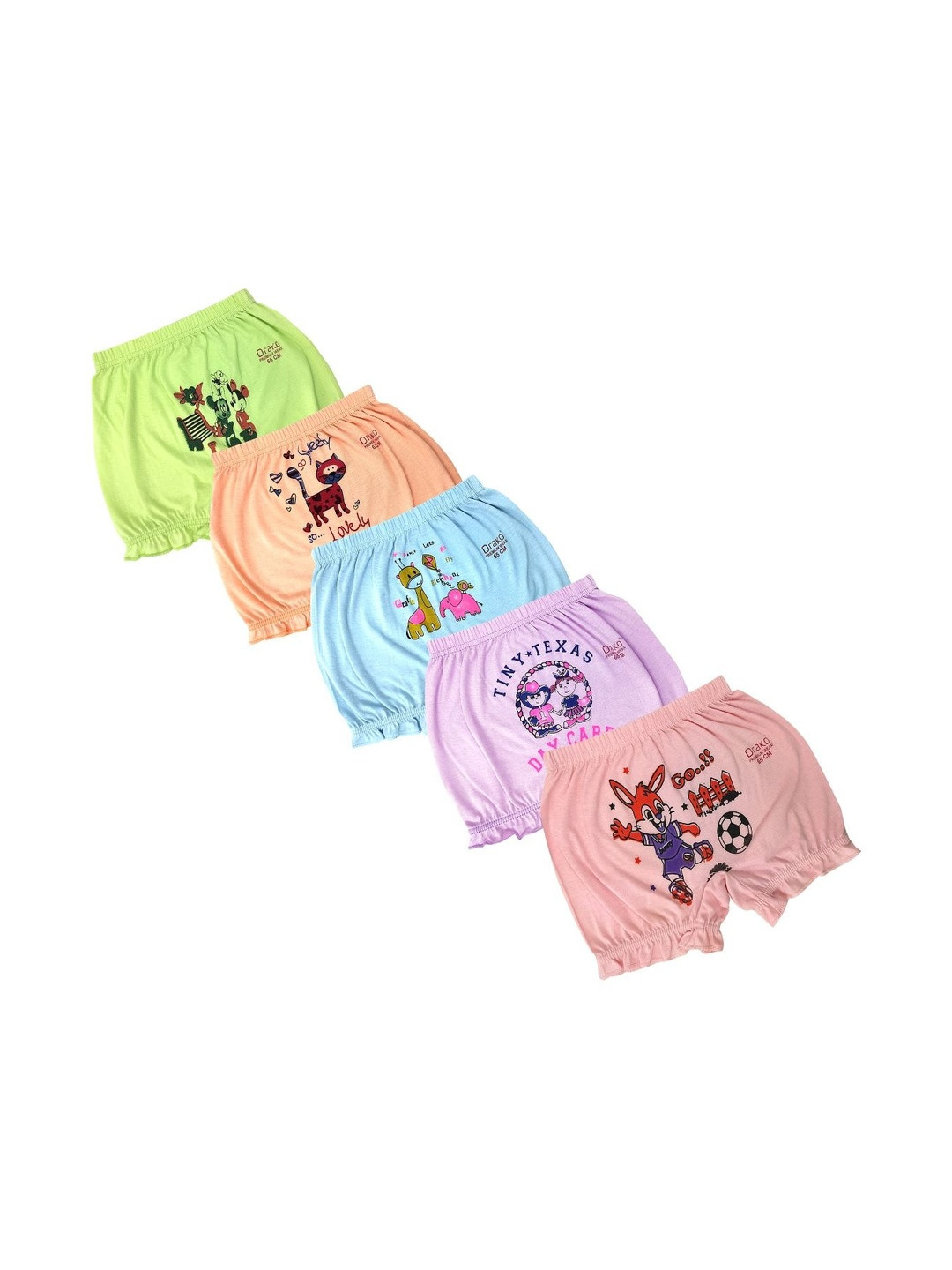 DRAKO Girls Pack of 5 Printed Cotton Mid-Rise Bloomer Boy Shorts