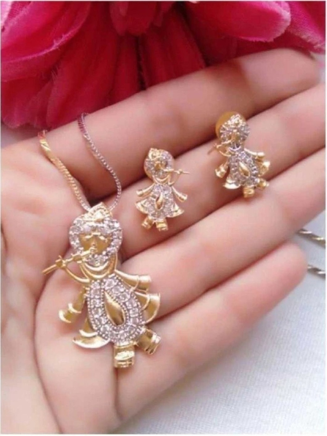 M Mod Con Artificial Stones Studded Pendant With Chain & Earrings