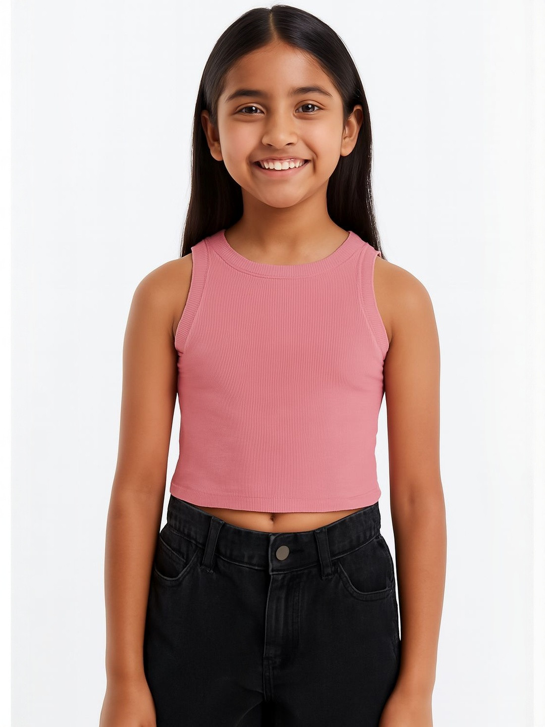 CHILINS Girls Ribbed Round Neck Crop Tank Top