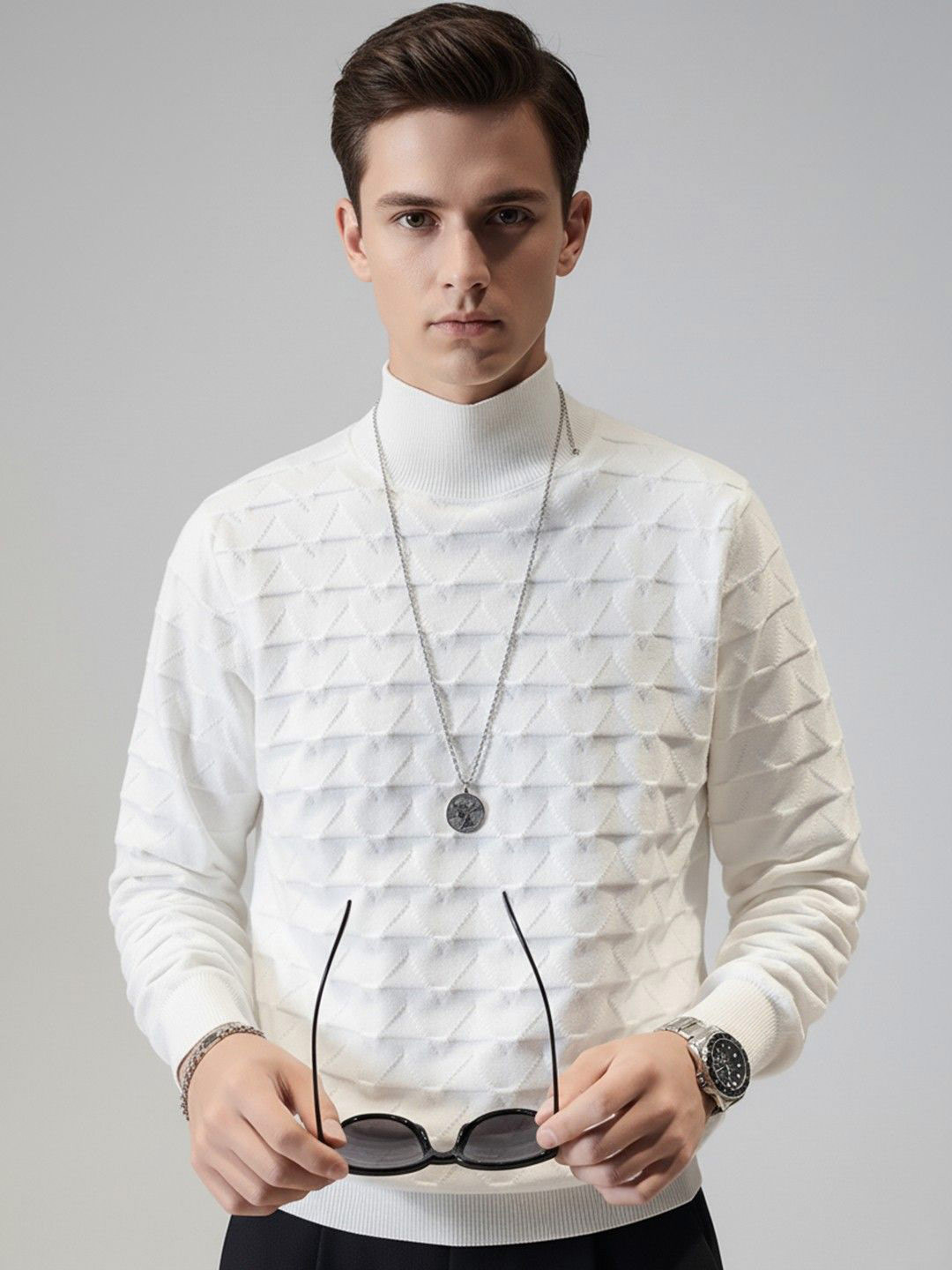 Mast & Harbour Men White Cotton Long Sleeves Pullover Sweater