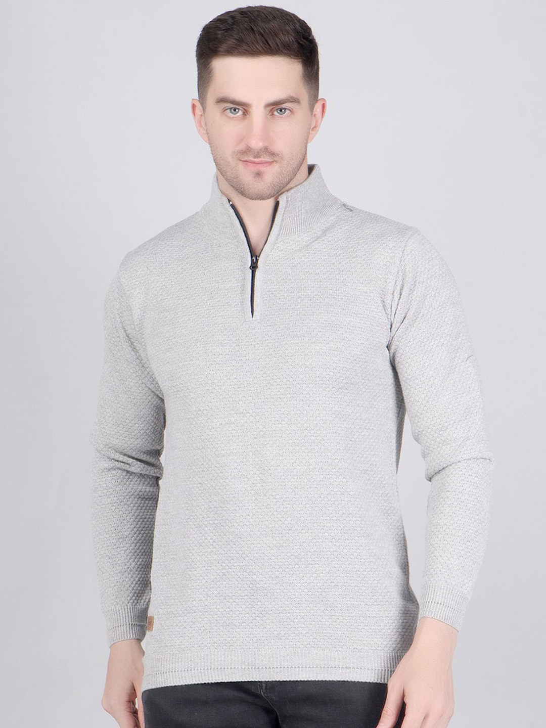 The Roadster Lifestyle Co Men Textured Acrylic High-Neck Sweater with Zip Closure