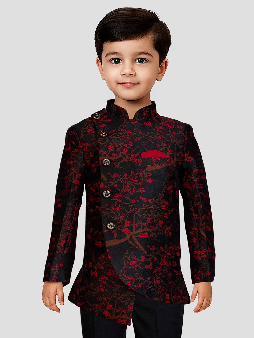 JBN Creation Boys Printed Mandarin Collar Slim-Fit  Asymmetric Silk Jodhpuri Blazers