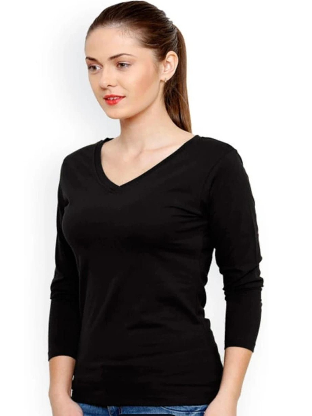 BI FASHION V-Neck Three-Quarter Sleeves Cotton T-shirt