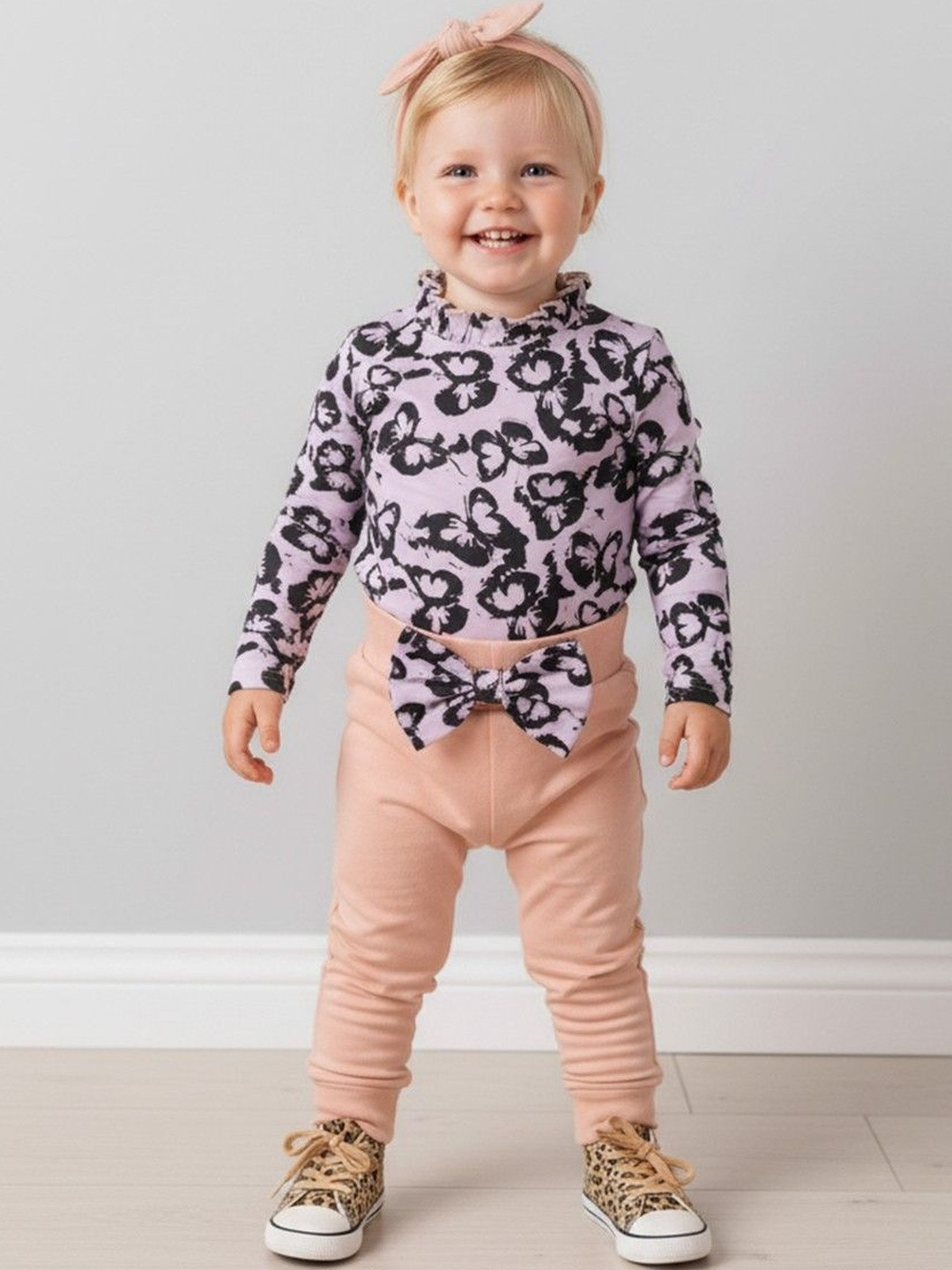 YK Girls Printed High Neck Long Sleeves Leotard With Joggers Clothing Set