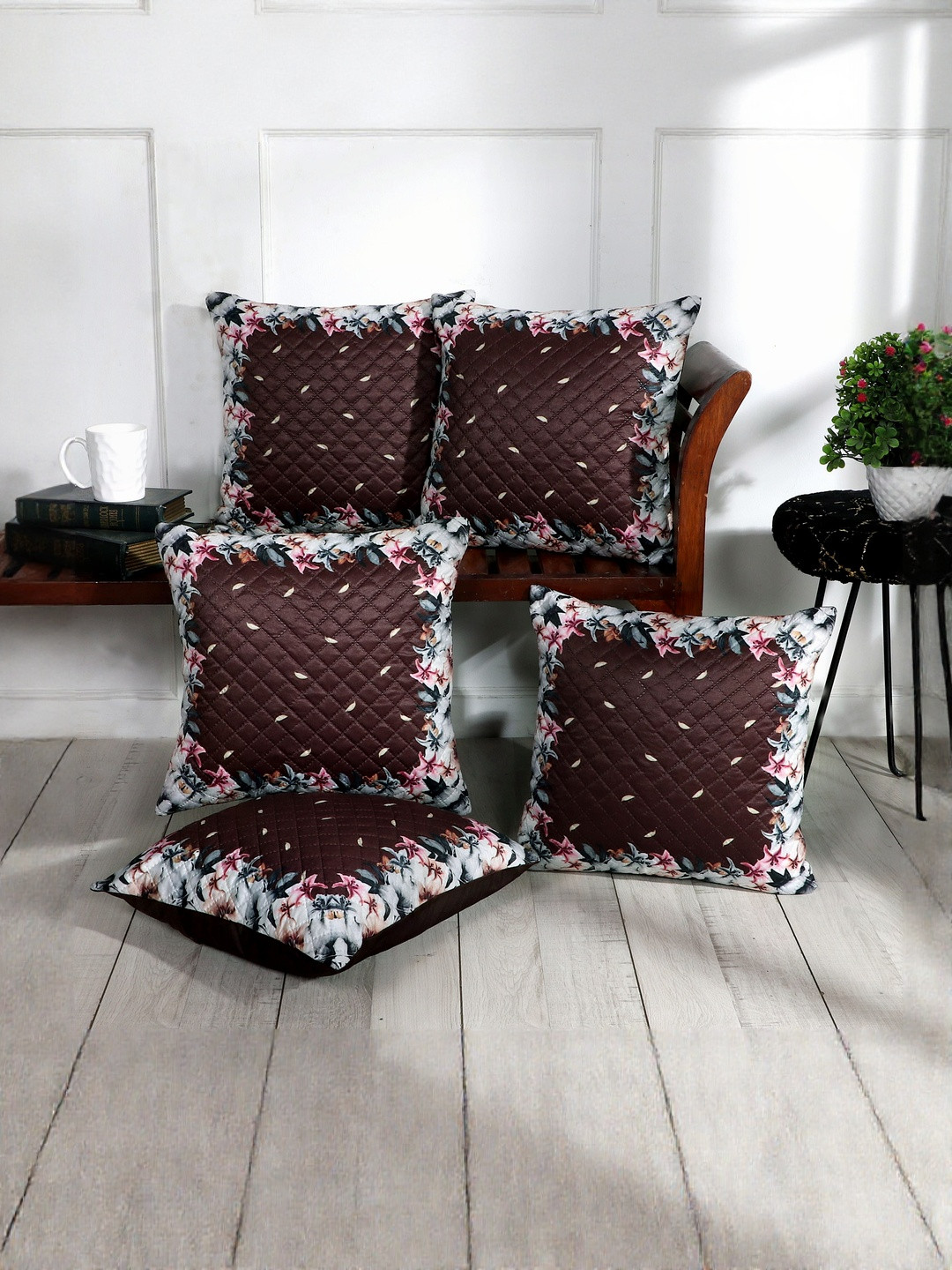 BLUEDOT Brown & Off White Floral Velvet 5 Pieces Square Cushion Covers-16x16 inch