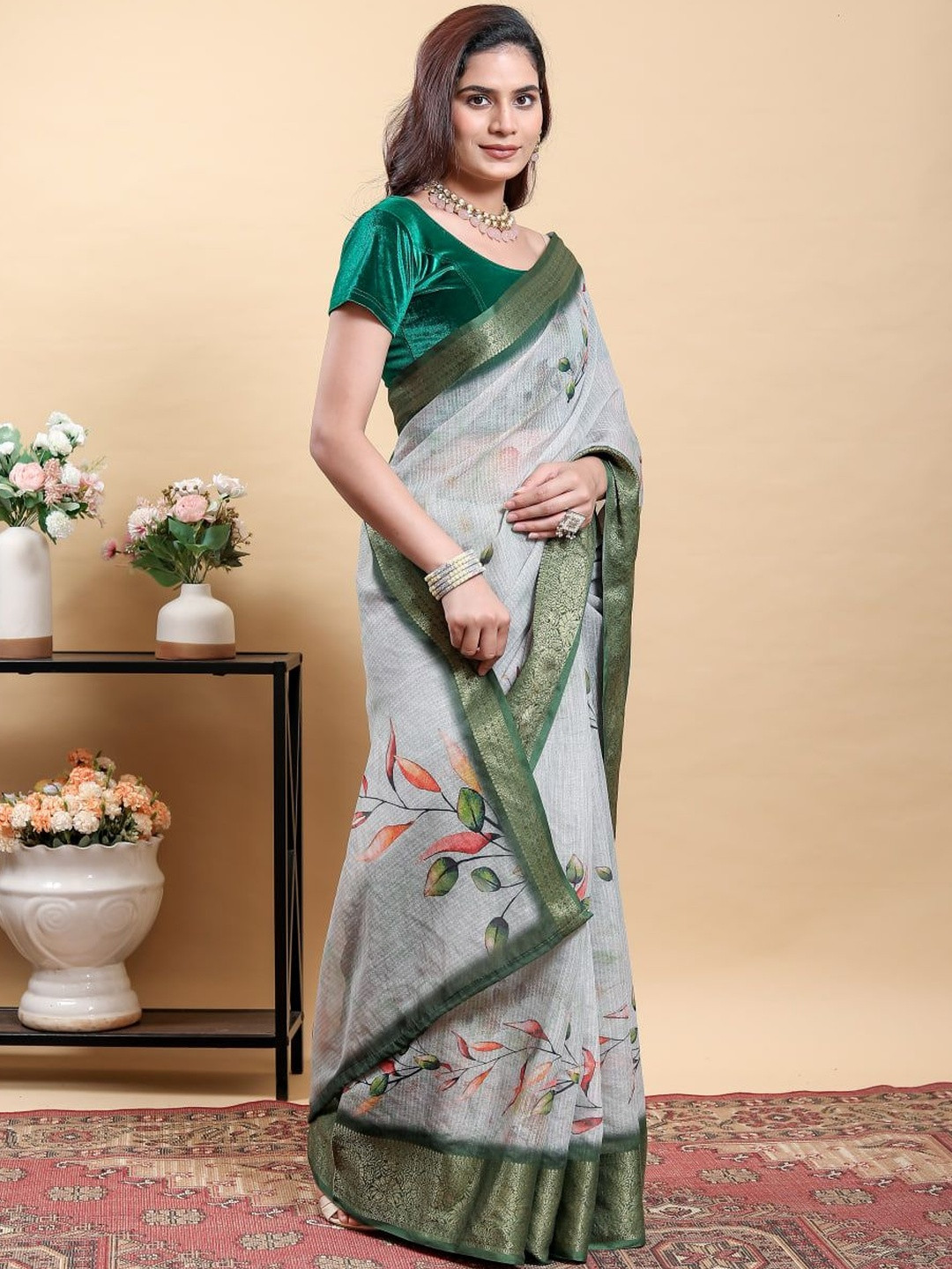 GOHILL ENTERPRISE Floral Pure Linen Handloom Saree