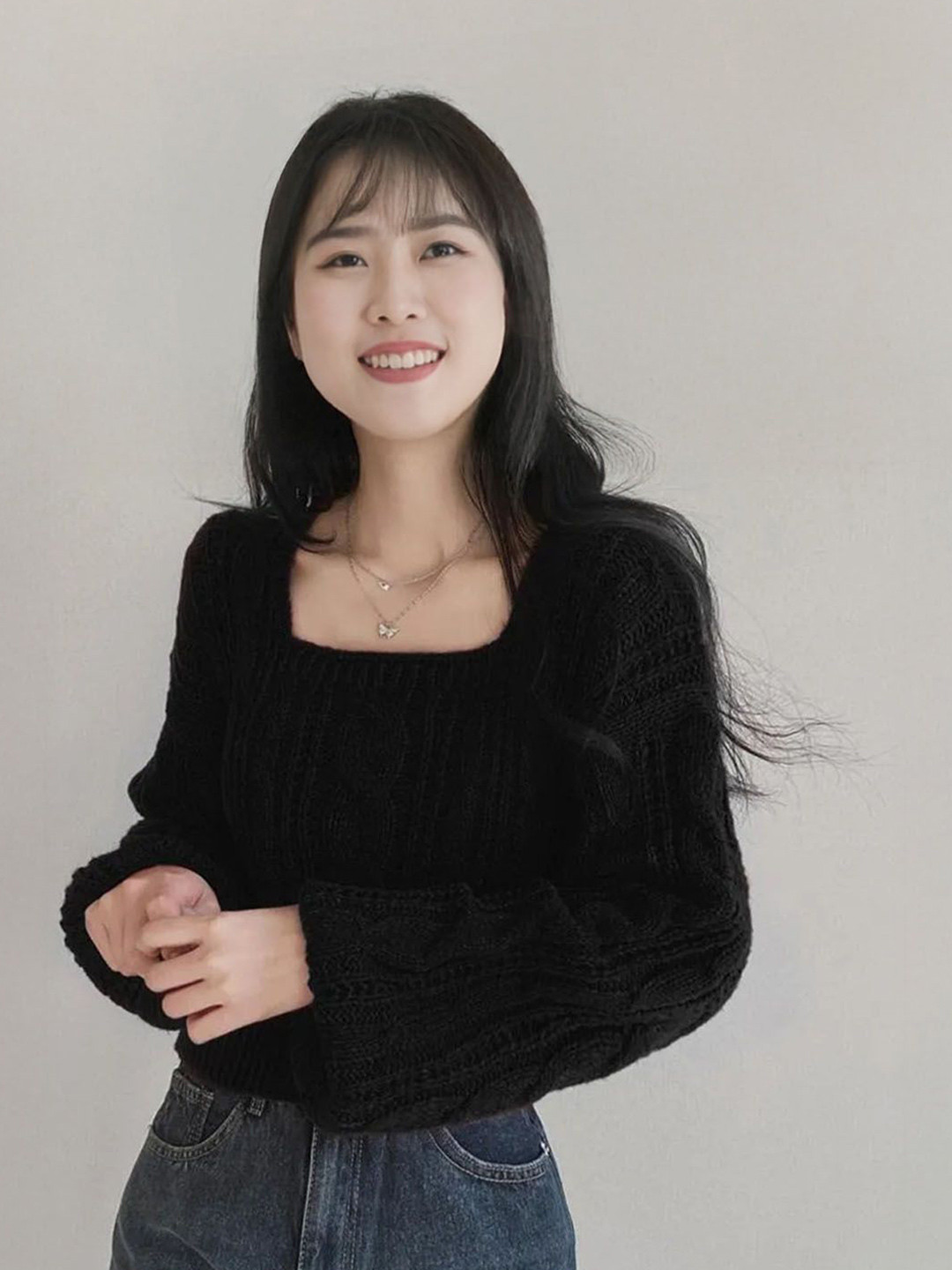 StyleCast Women Cable Knit Square Neck Long Bishop Sleeves Pullover Sweater