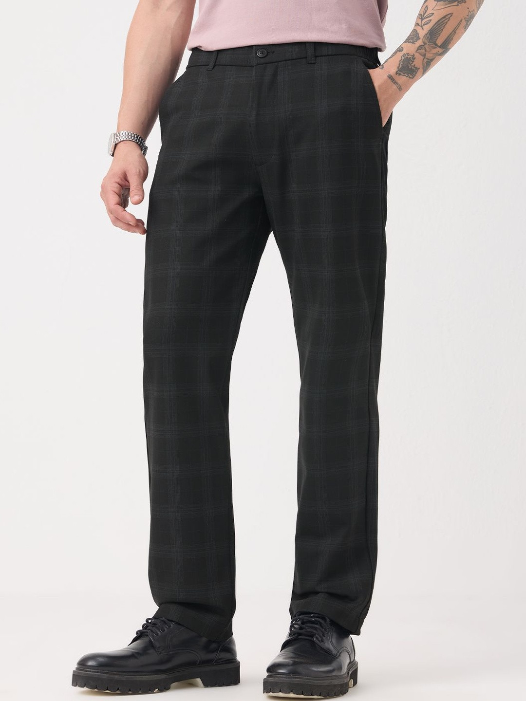 The Souled Store Noir Men Checked Classic Straight Fit Trousers