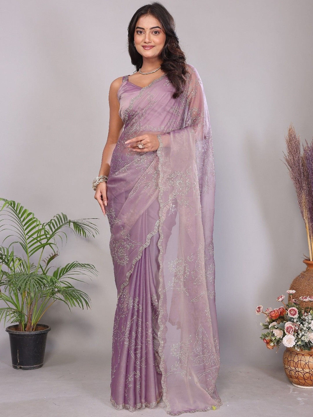LDF studio Floral Sequinned Poly Chiffon Heavy Work Saree