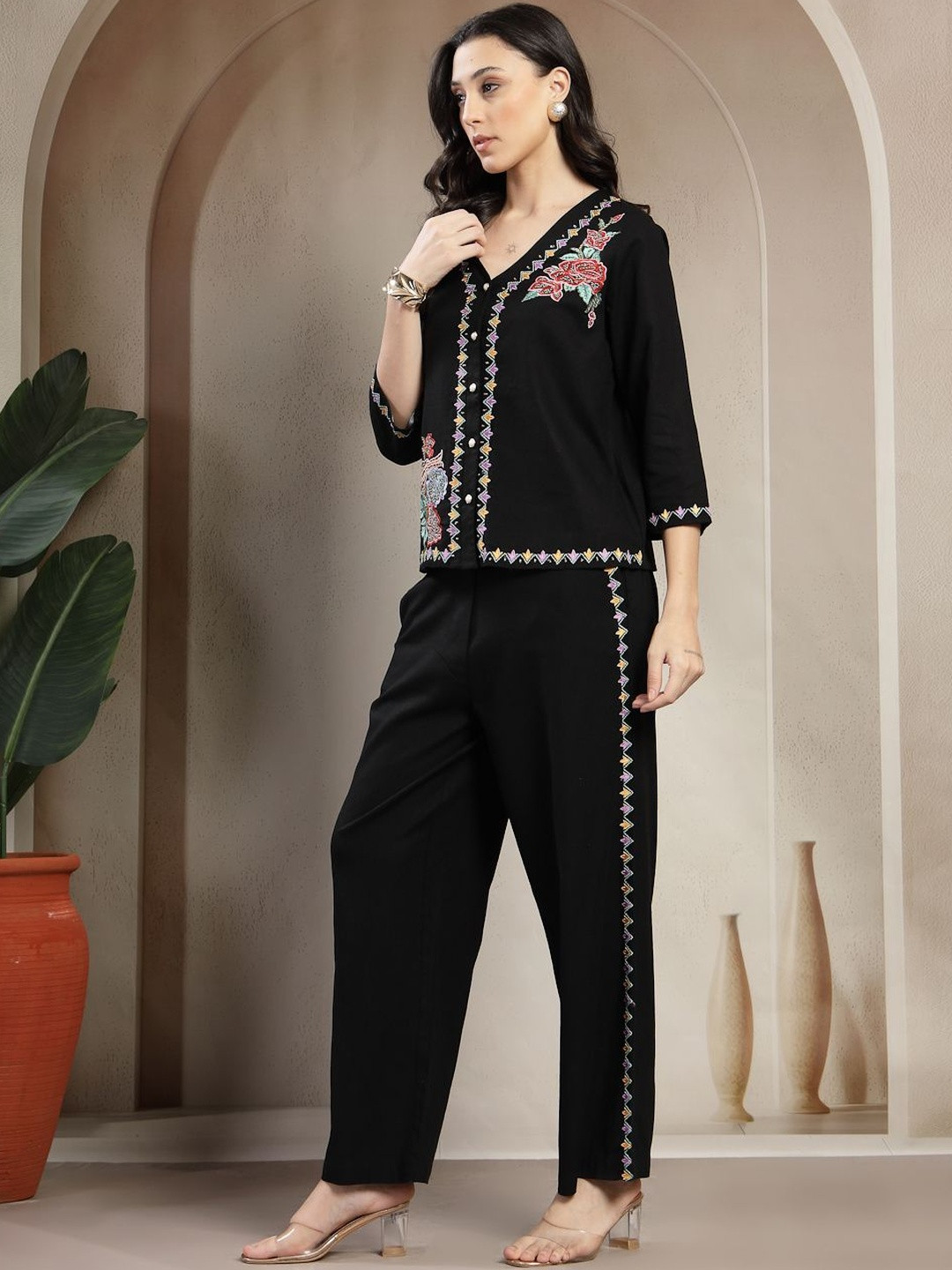 Gipsy Embroidered V-Neck Linen Top & Trouser