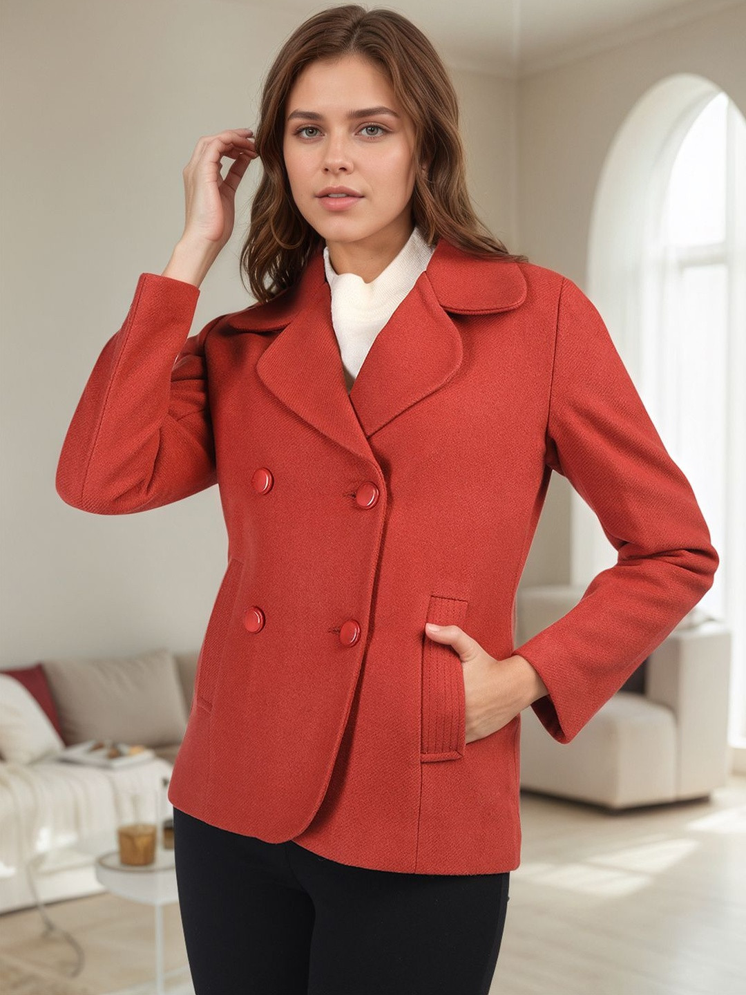 Chemistry Women Solid Winter Wear Double-Breasted Overcoat Coats