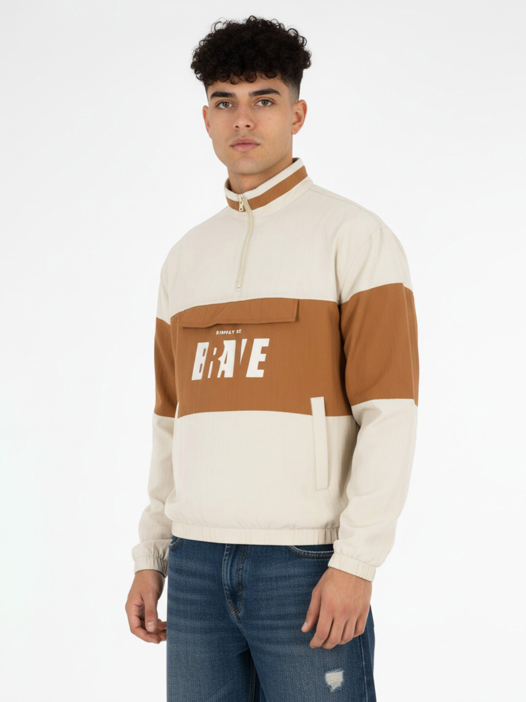 glitchez Colorblocked Typography Print Half Zipper Bomber Jacket