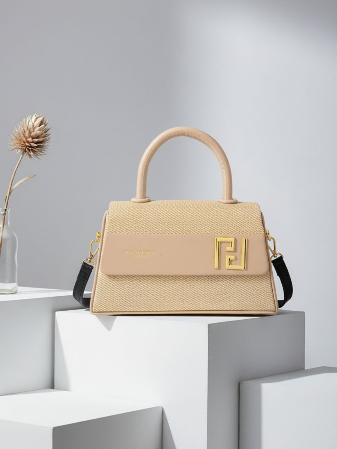 Flingo Textured Structured Handheld Bag with Gold-Tone Accent
