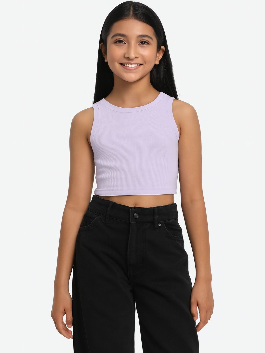 CHILINS Girls Ribbed Round Neck Tank Crop Top