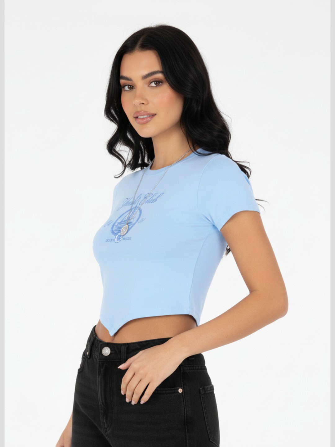 glitchez Graphic Printed Asymmetric Hem Fitted Crop Top