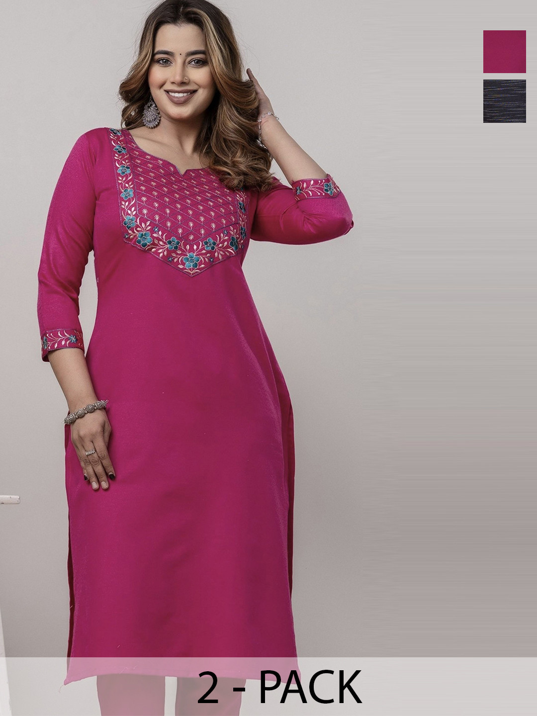 AUZAAI COLLECTION Selection Of 2 Floral Embroidered Thread Work Pure Cotton A-Line Kurtas