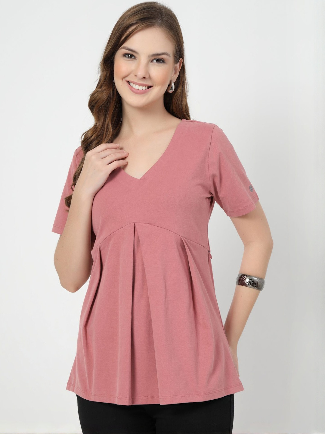 House Of Zelena Women V-Neck Maternity Empire Top With Zip Closure