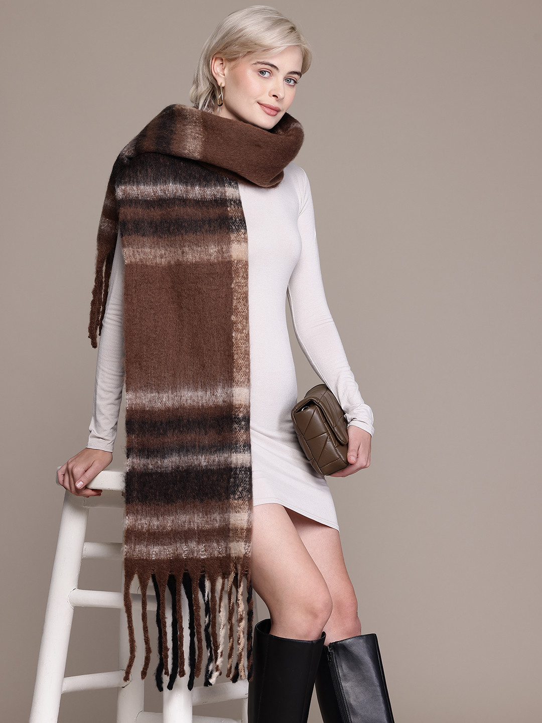 Cayman Striped Tasselled Woolen Stole With Fuzzy Detail