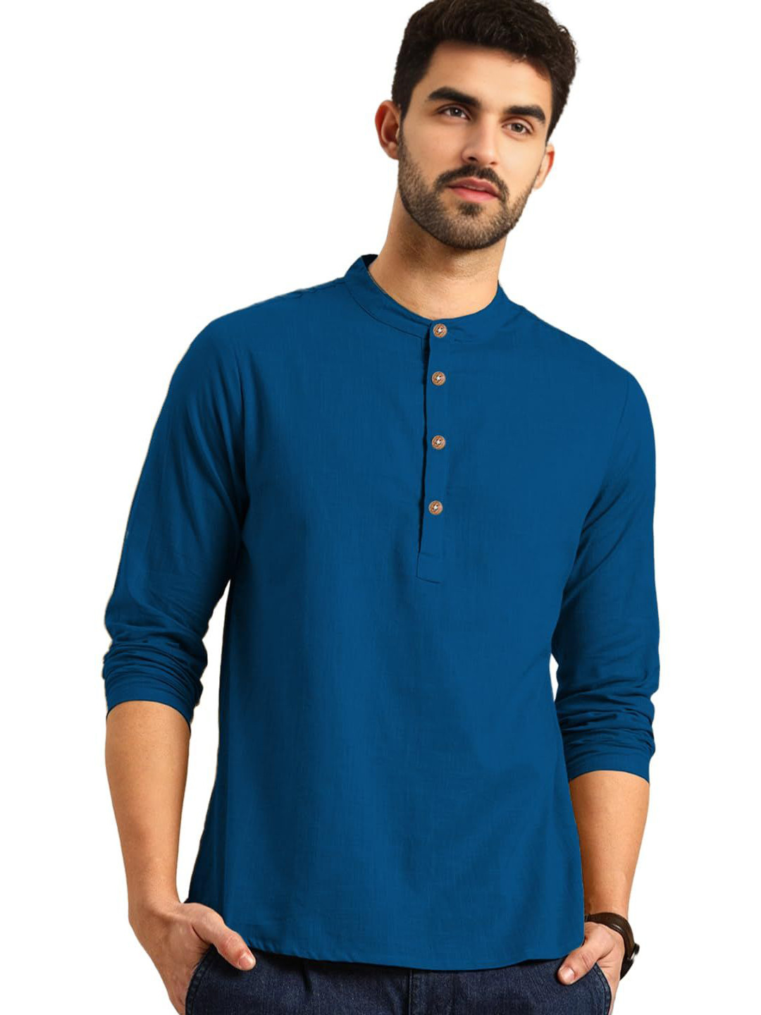 LENIA Mandarin Collar Roll-Up Sleeves Straight Short Kurta
