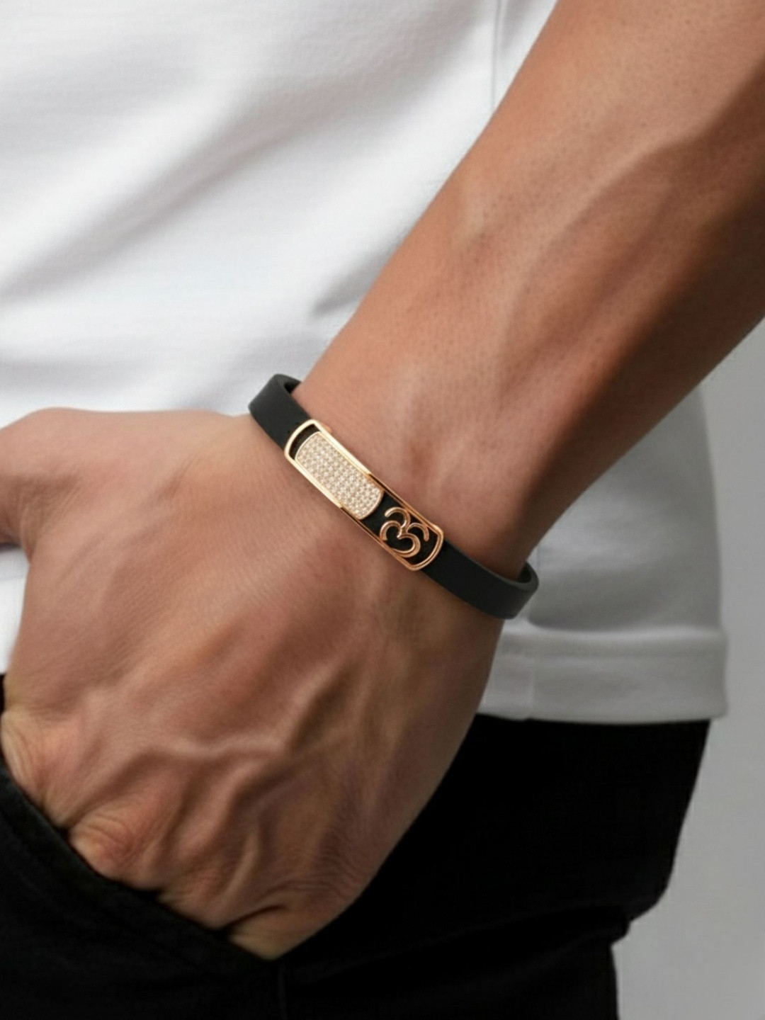 Jewelry Miguel Men Stainless Steel Rose Gold-Plated American Diamond Studded Bracelet