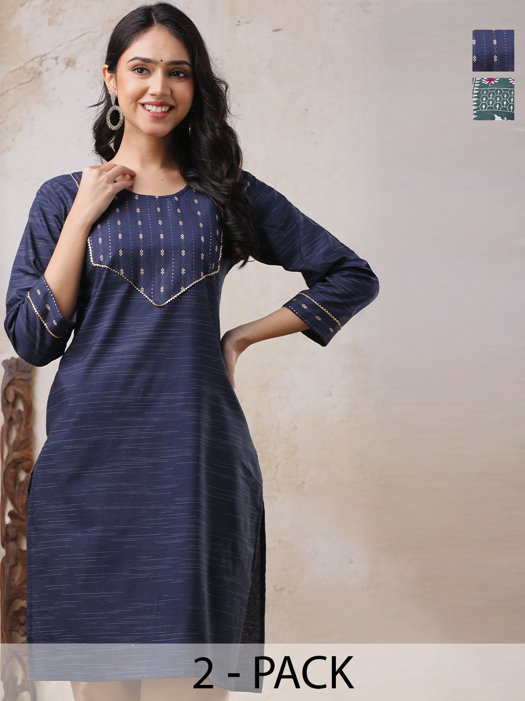AUZAAI COLLECTION Selection Of 2 Ethnic Motifs Thread Work Pure Cotton Straight Kurtas