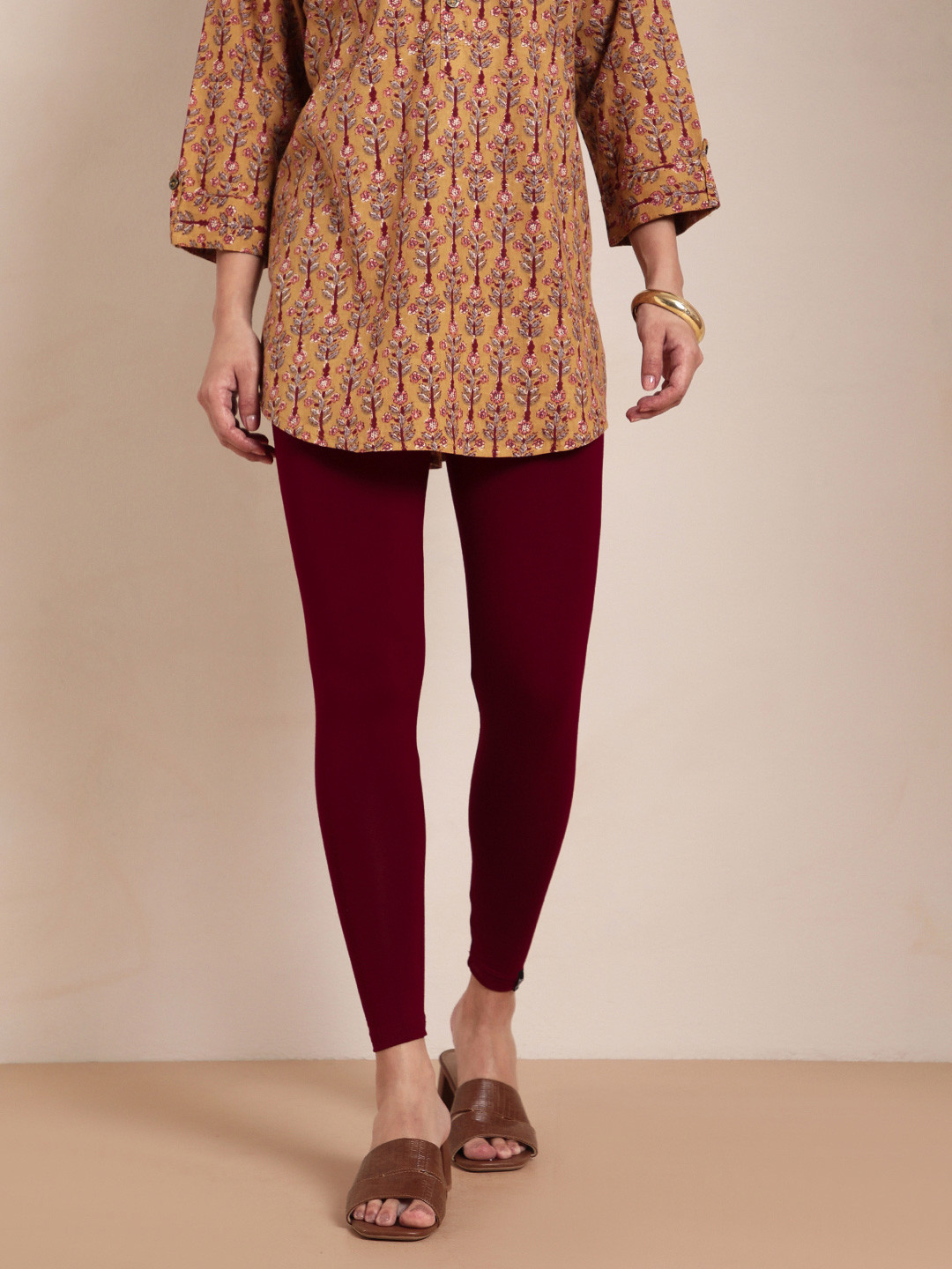 TWIN BIRDS Women Maroon Solid Cherry Berry Ankle-Length Leggings