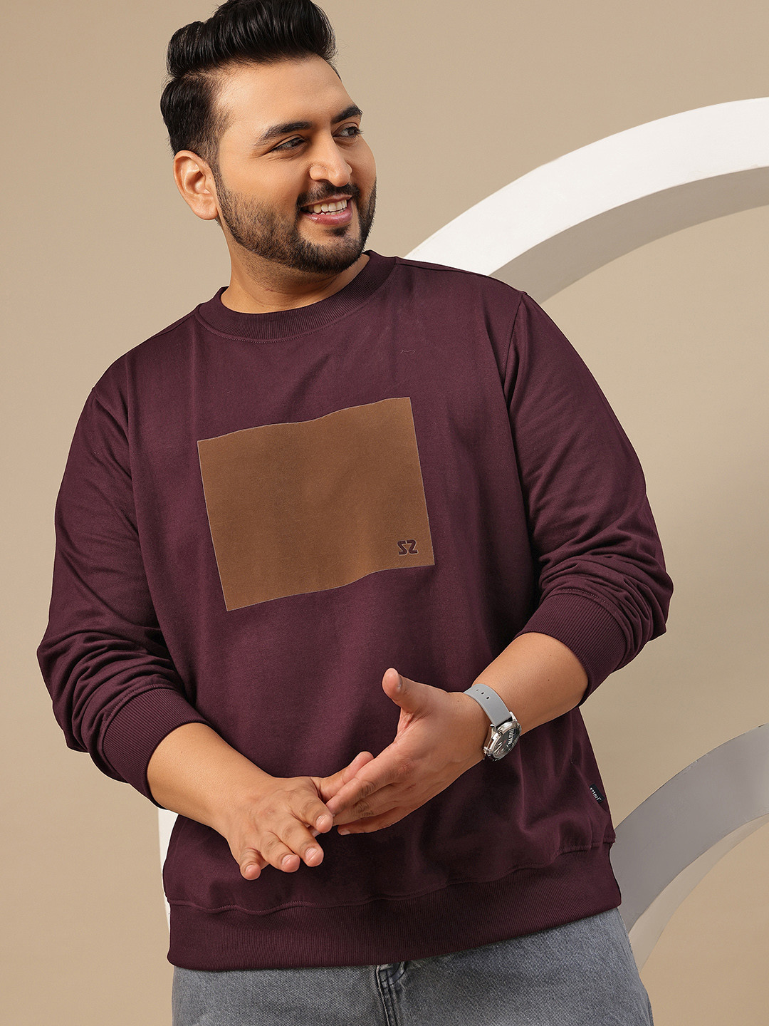 Sztori Plus Size Geometric Printed Fleece Sweatshirt with Velvet Overlays