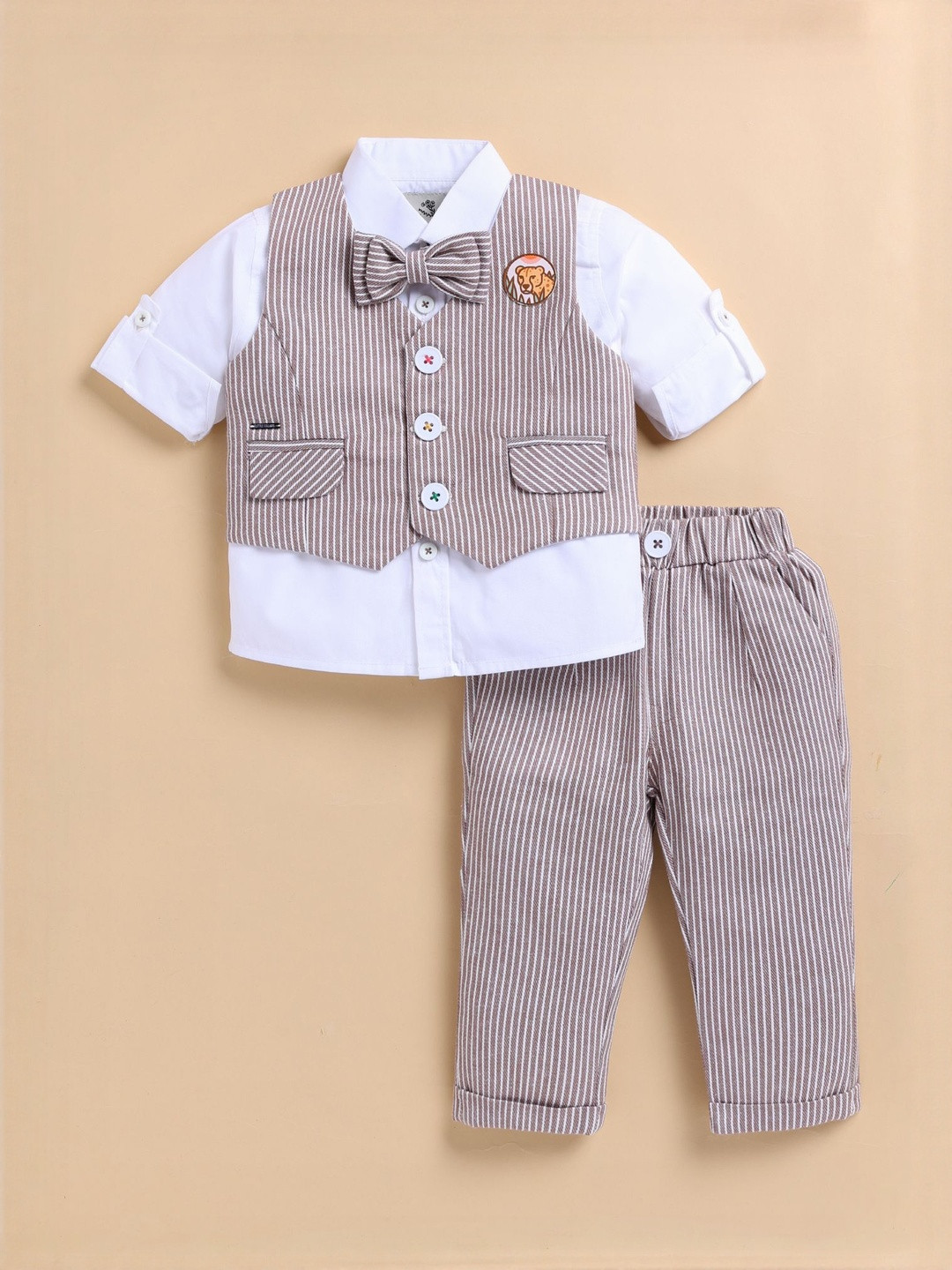 LITTLE COLLARS Boys Striped Animal Logo Pure Cotton Waistcoat Shirt Pant & Bow Suit Set