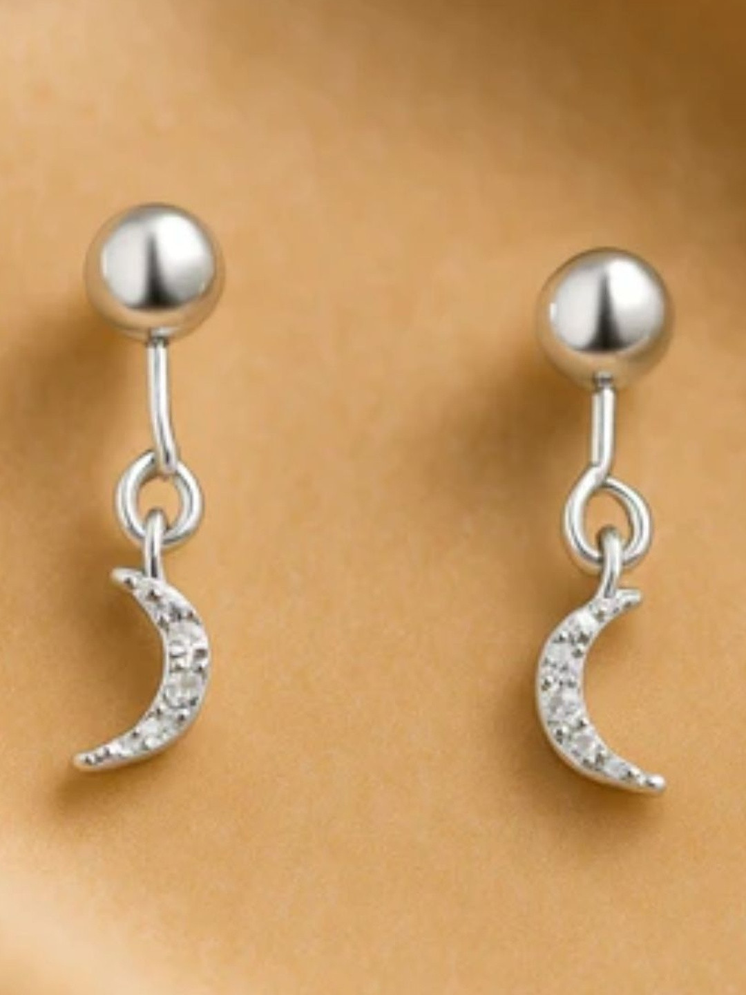 Zarkan 925 Silver Rhodium-Plated Cubic Zirconia Studded Half Moon Shaped Drop Earrings