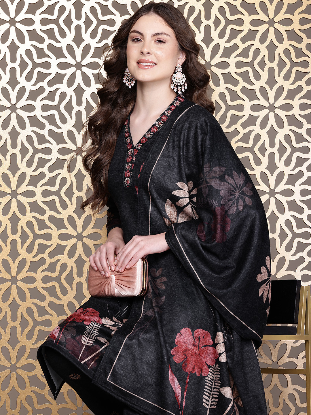Cayman Floral Beads and Stones Pure Wool Kurta with Trousers & Dupatta