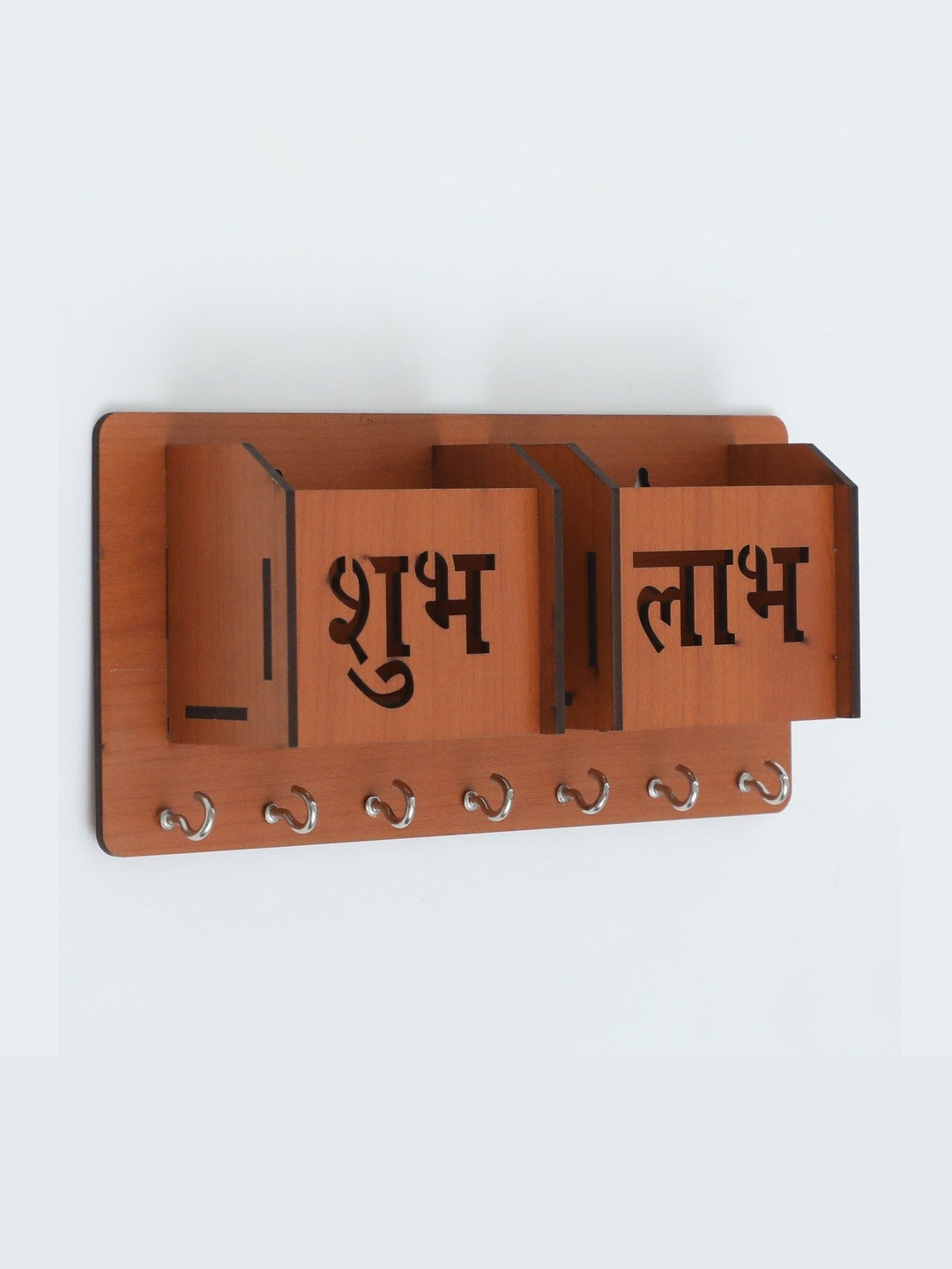 P HOME PRESTIGE Brown Radhe Krisha Textured 7 Hooks Wooden Key With Multipurpose Holders