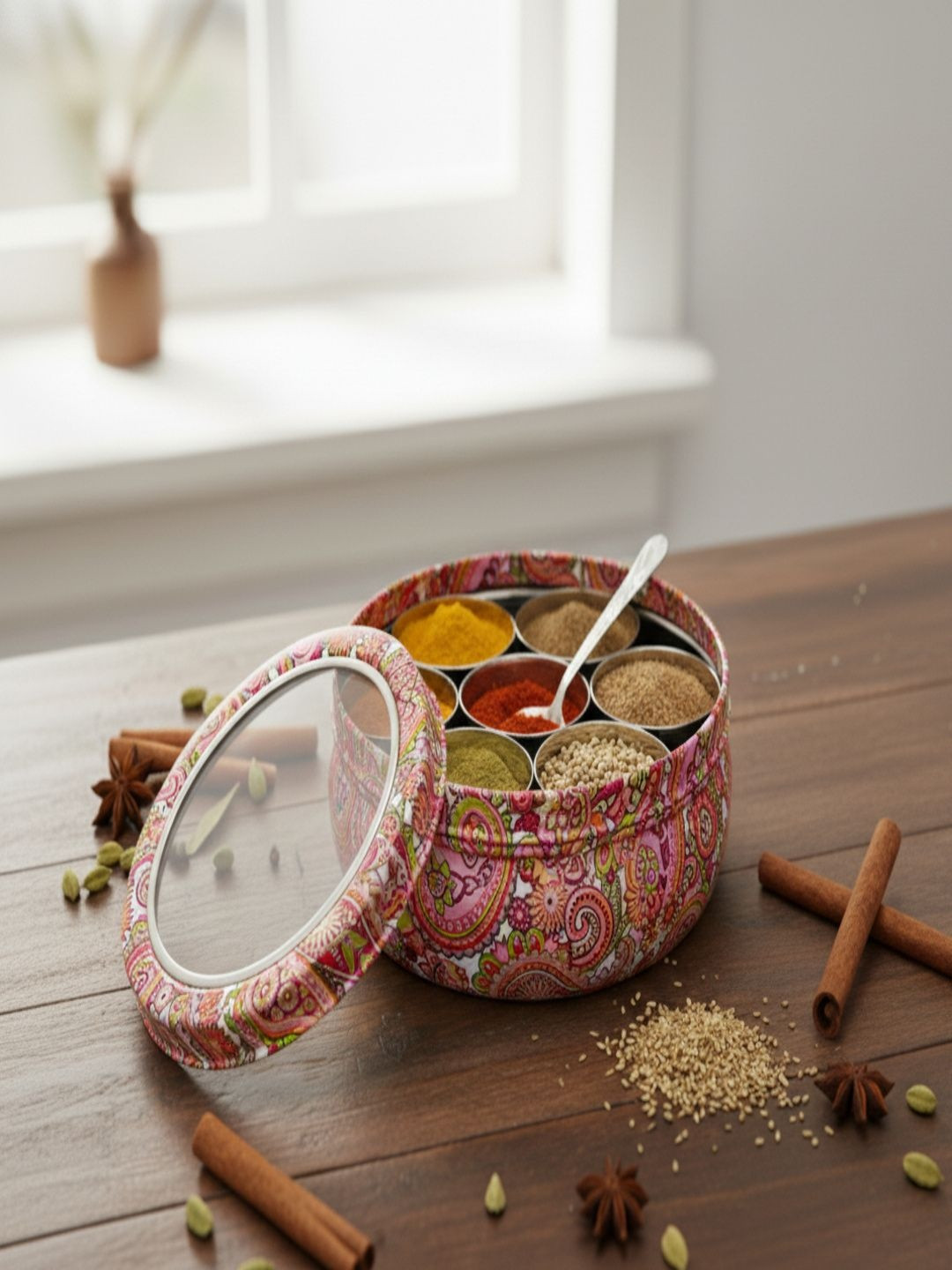 MBC Pink Printed Stainless Steel Easy To Clean Spice Box With 9 Containers