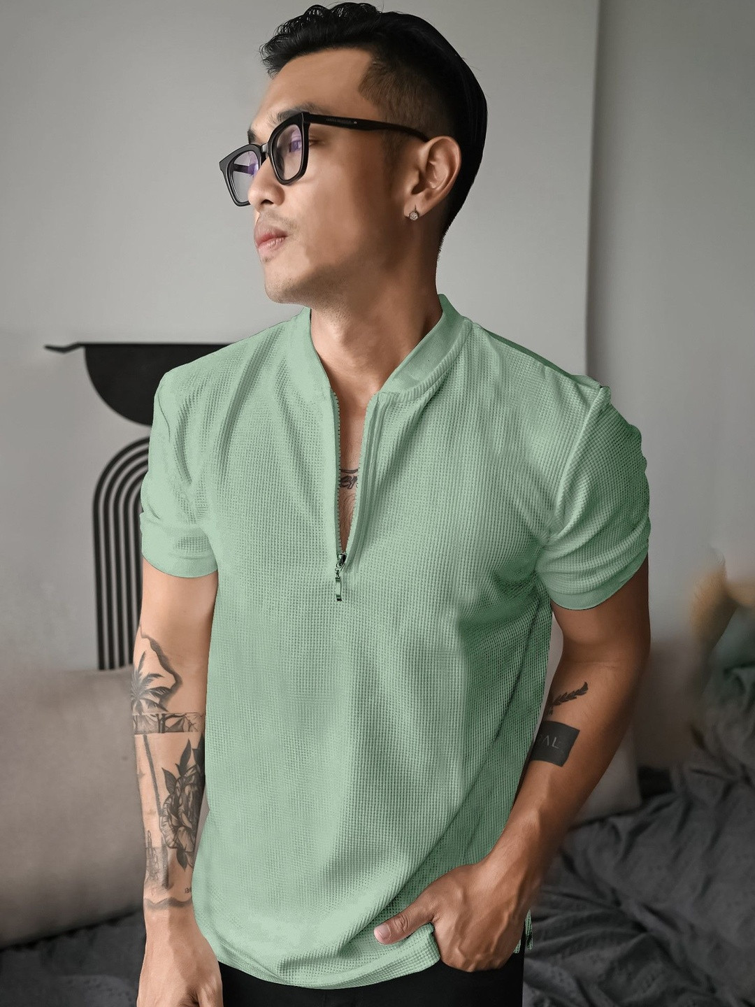 JUMPCUTS Self Design Henley Neck Short Sleeves Slim Fit T-shirt