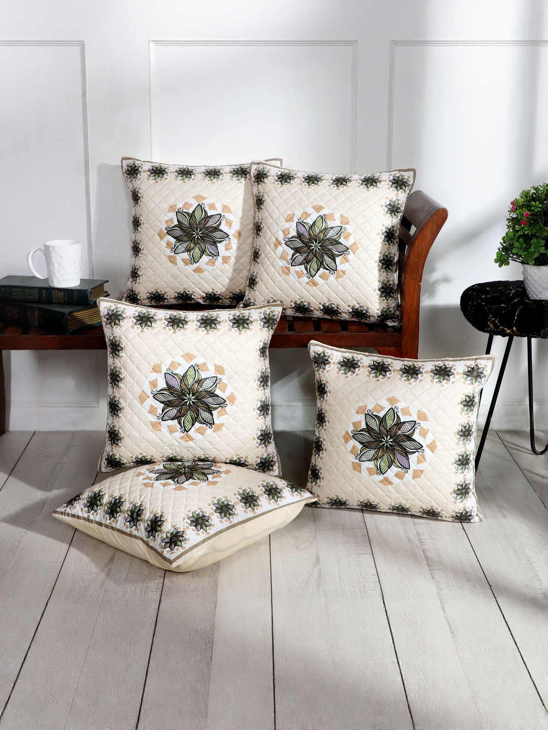 BLUEDOT White & Green Floral Velvet 5 Pieces Square Cushion Covers-16 inch x 16 inch