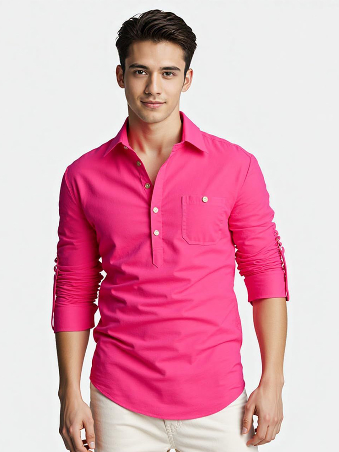 KNOWTED Shirt Collar Roll-Up Sleeves Straight Short Kurta