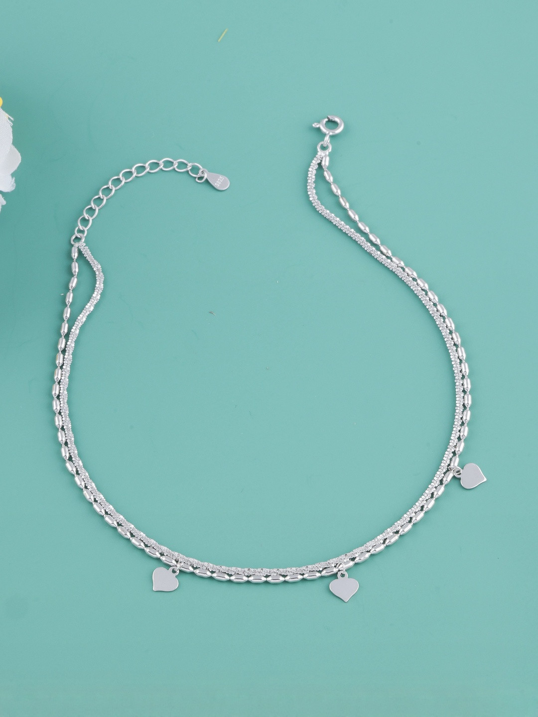 Eri 925 Sterling Silver Double Layer Heart Charm Beaded Anklet