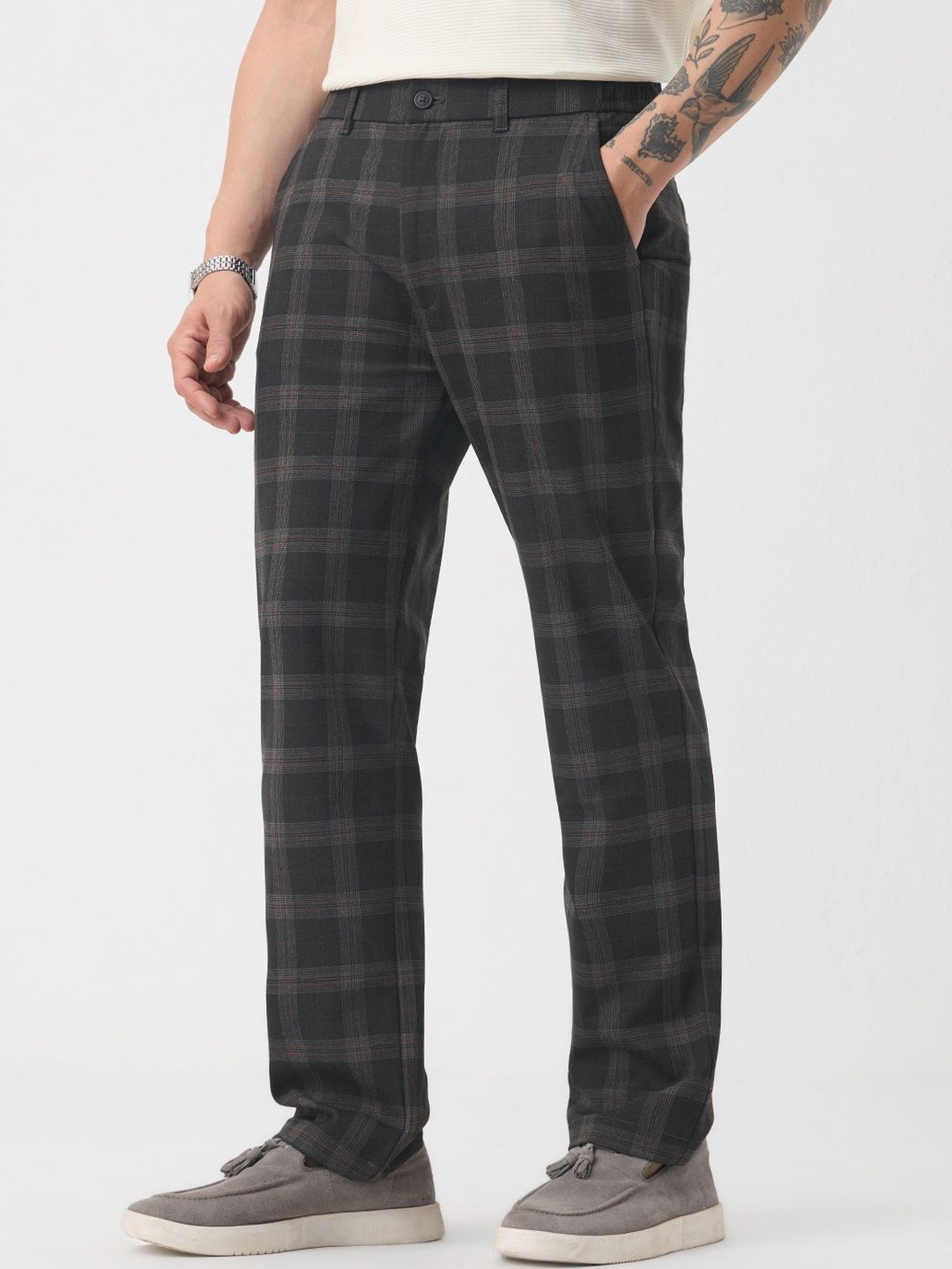 The Souled Store Men  Dark Grey Checks Classic Straight Fit Super Pants