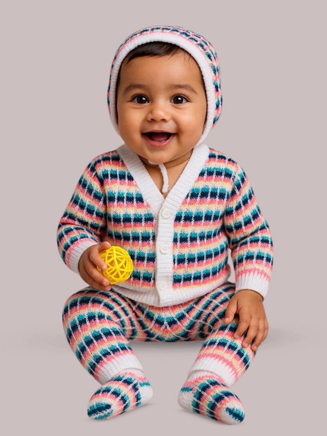 Little Angels Baby Boys Striped V-Neck Woollen Cardigan Sweaters with Pant,Cap & Socks Set