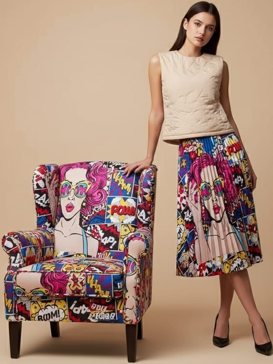 HIGH BUY Women Pop Art Printed Pleated Flared Midi Skirt