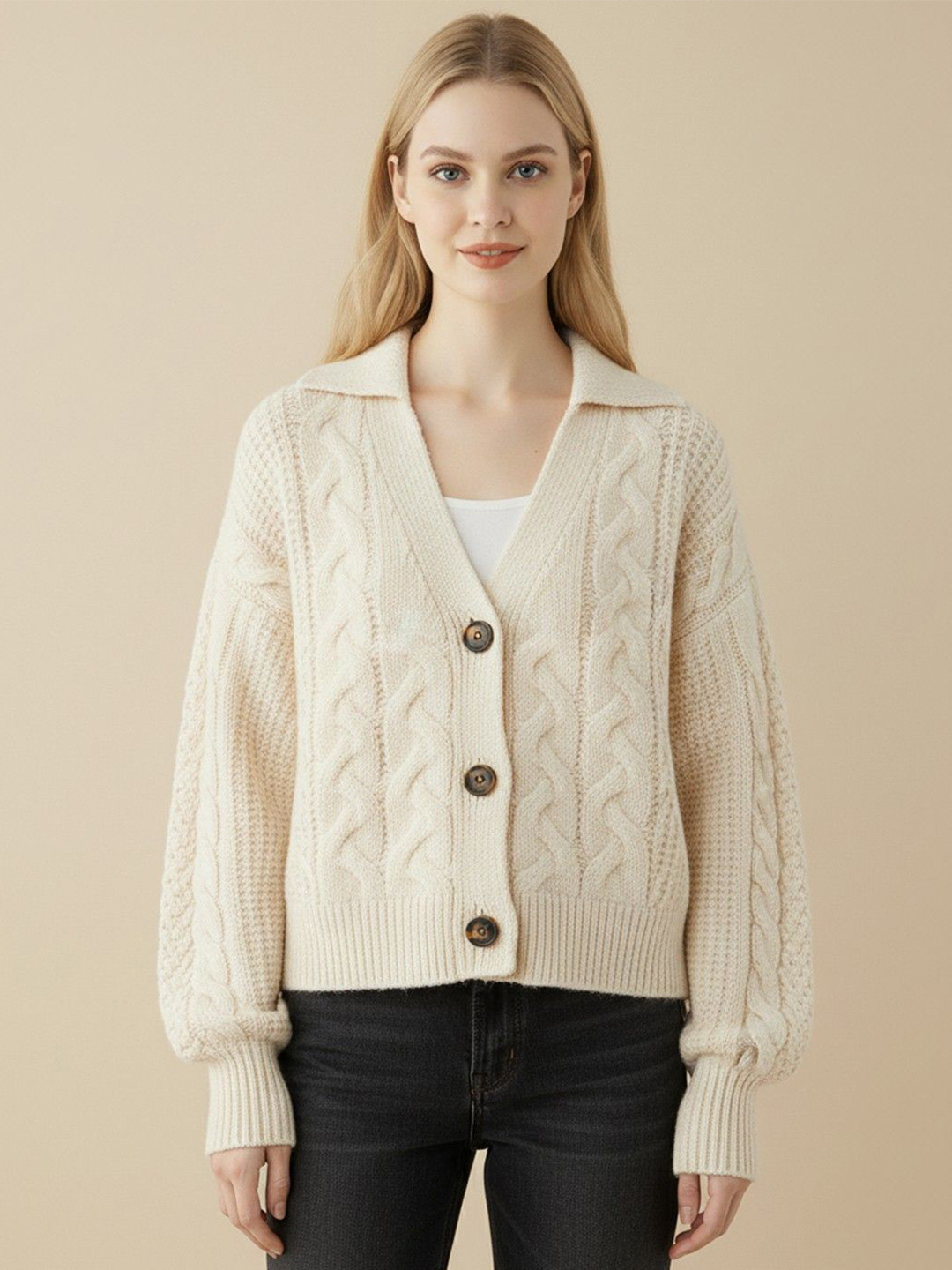 DressBerry Women Beige Cable Knit Cotton Long Sleeves Cardigan