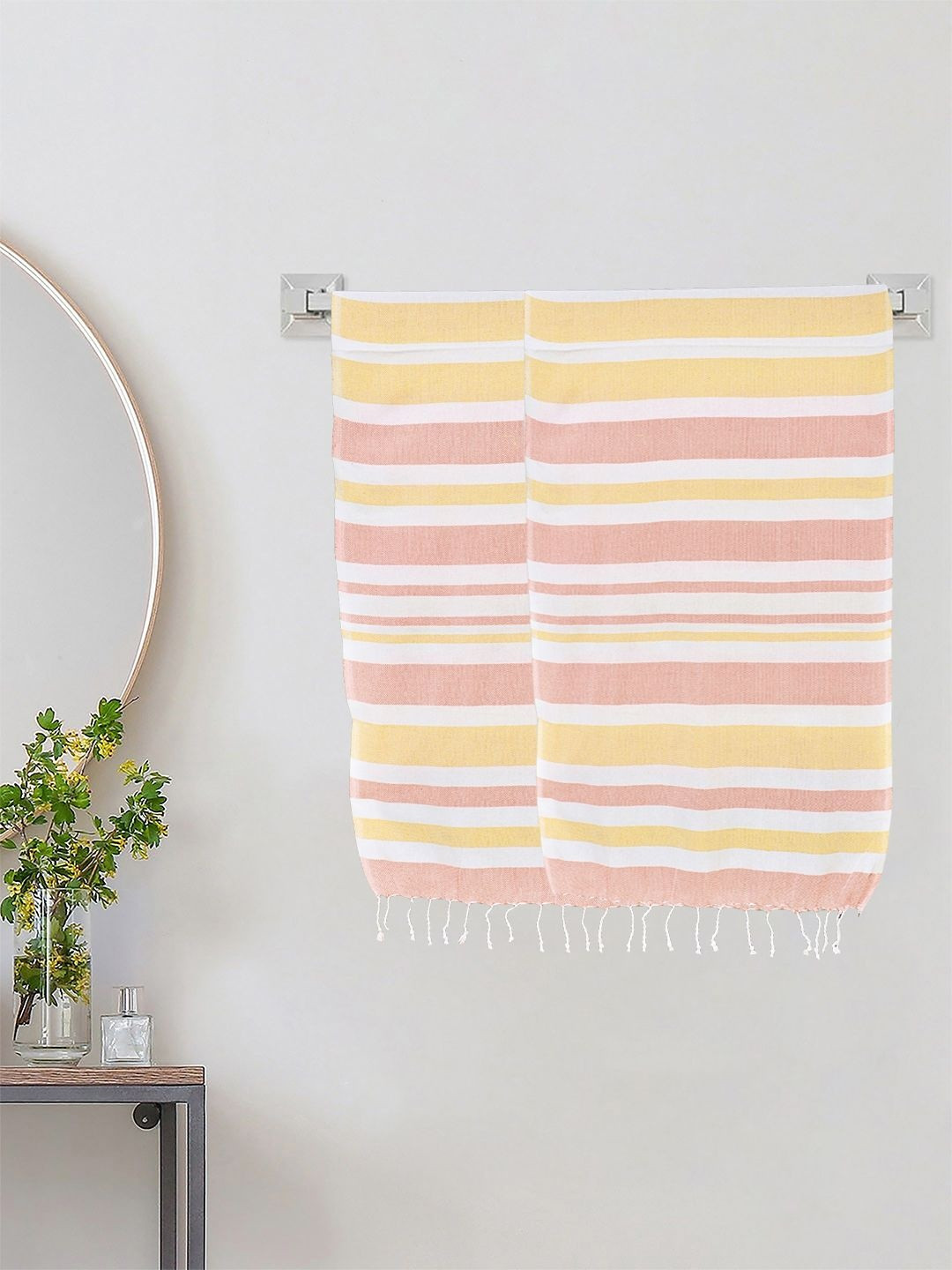 KLOTTHE Peach-Coloured Striped Cotton 233 GSM Lightweight 2 Pieces Bath Towels-59InX29.5In