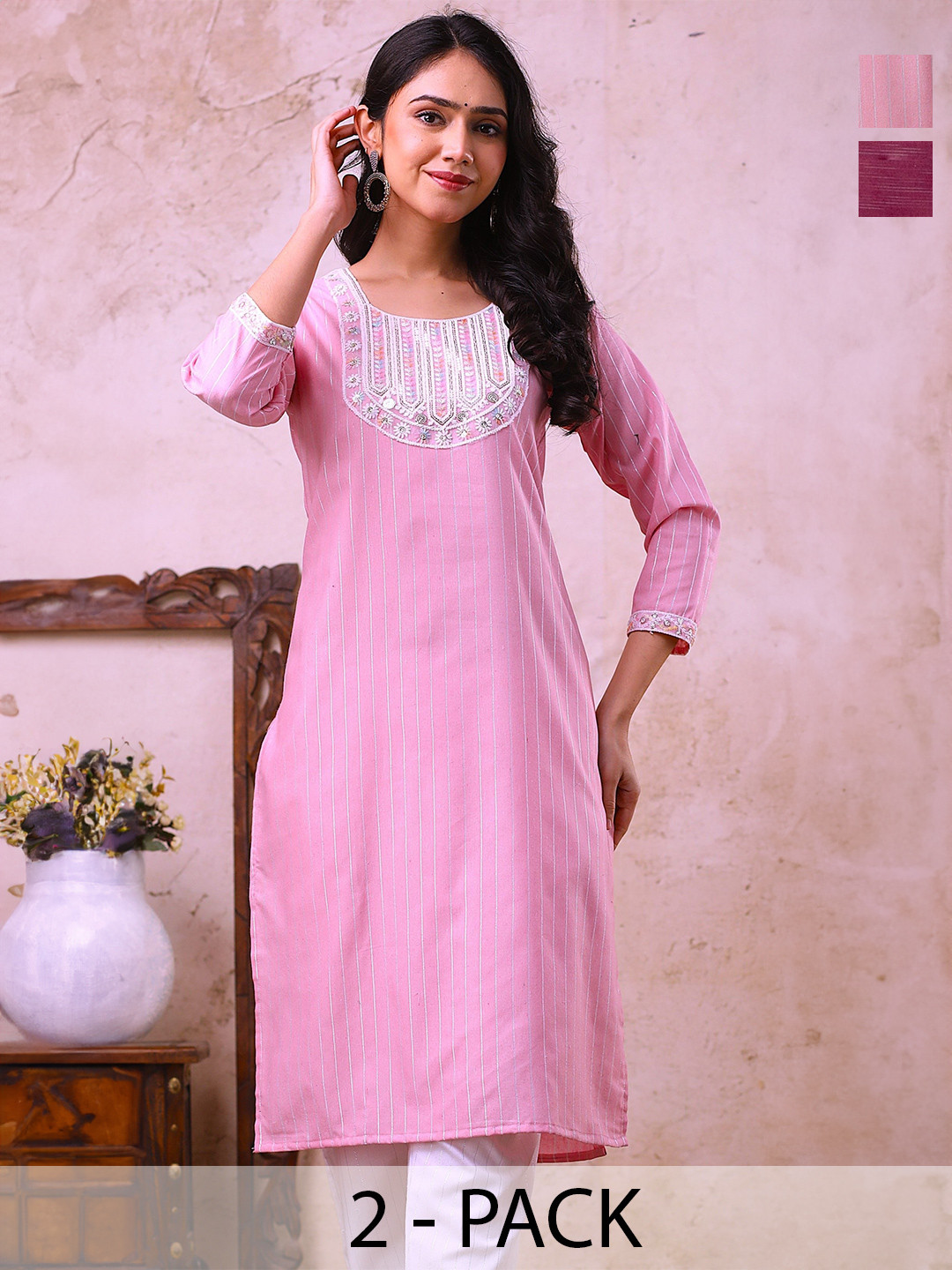 AUZAAI COLLECTION Selection Of 2 Floral Embroidered Thread Work Pure Cotton A-Line Kurtas