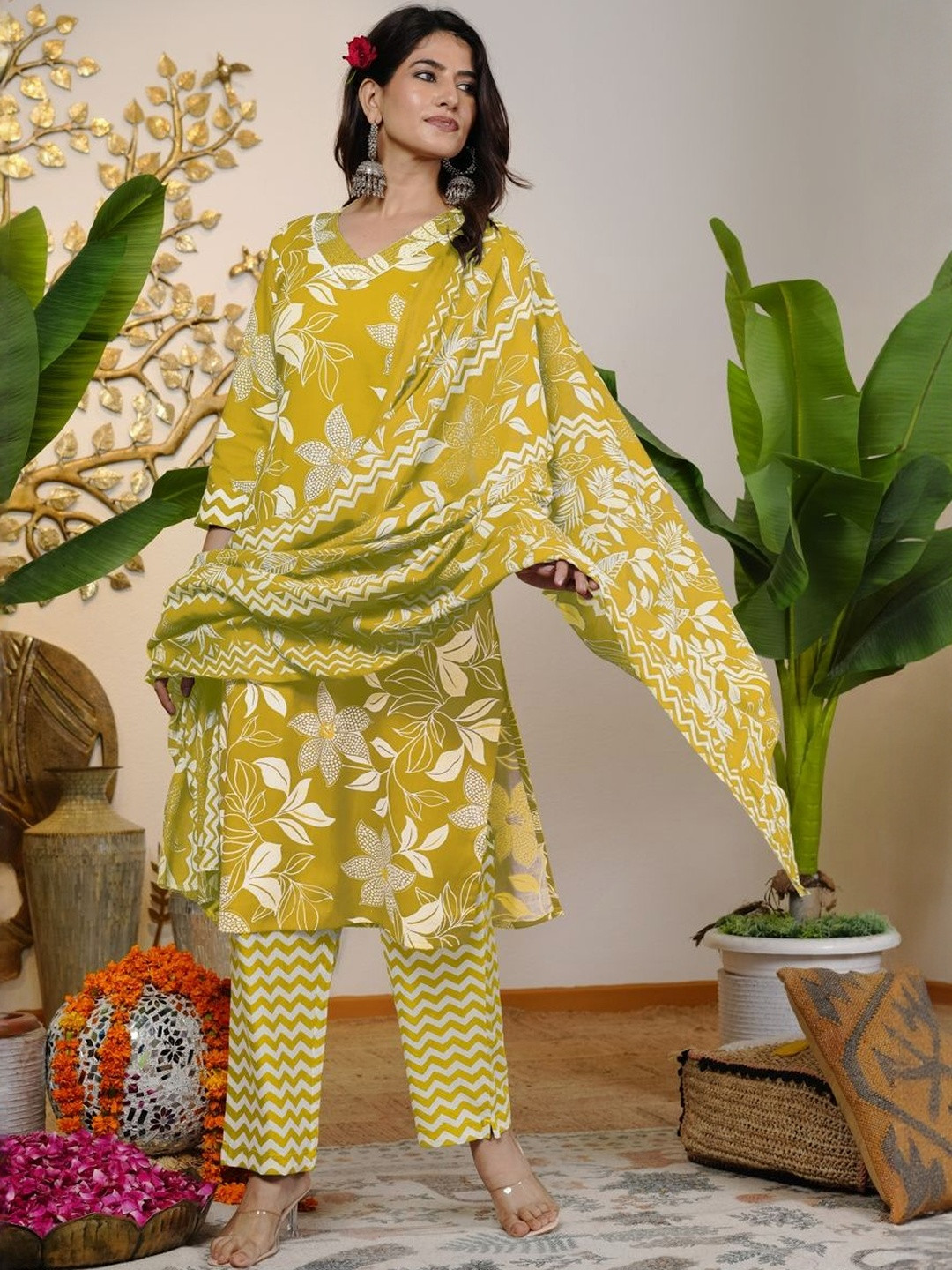KALINI Women Floral Printed Regular Sequinned Pure Cotton Kurta with Trousers & With Dupatta